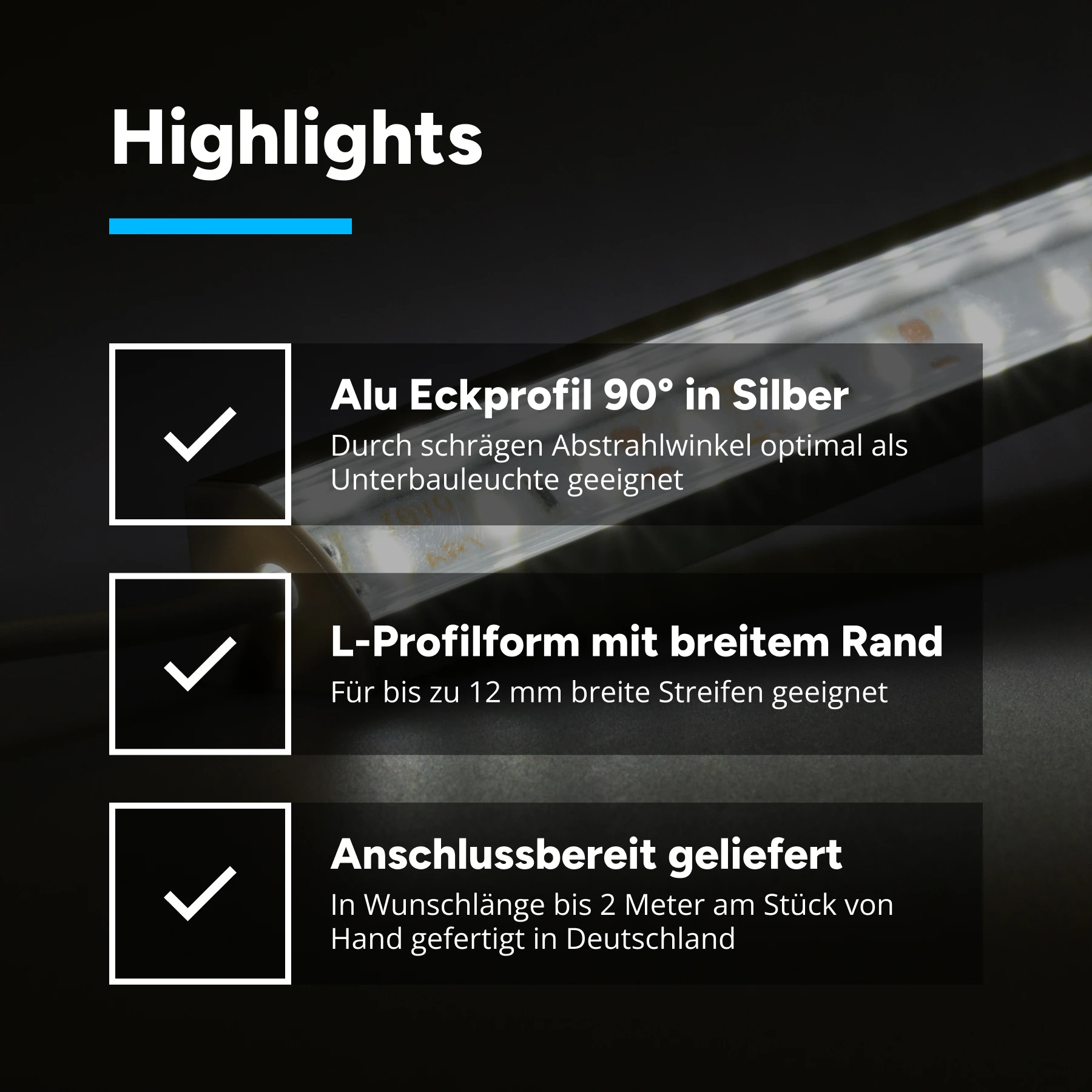 12V Aluminium LED Eckleiste – weiß – transparente Abdeckung - 100cm Anschlußkabel zum Netzteil - 38cm mit 21 SMD LEDs - 4 Watt - 245 Lumen