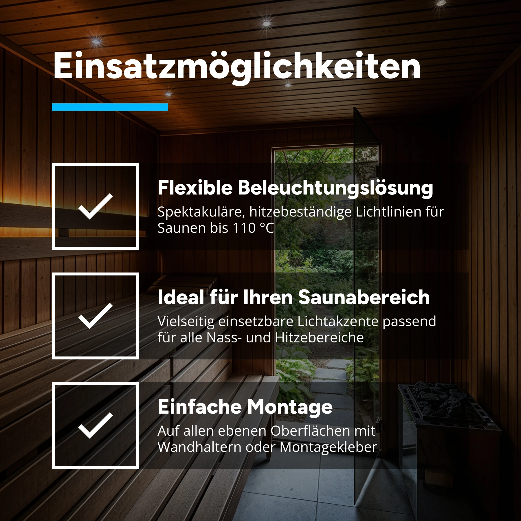 24V wasserfeste Sauna Einbau LED Leiste - hitzebeständig - warmweiß - diffuse Abdeckung - IP68 - 35cm - 36 LEDs - 1,4 Watt - 137 Lumen - 100cm Eingangskabel mit offenen Enden - 100cm Ausgangskabel mit offenen Enden