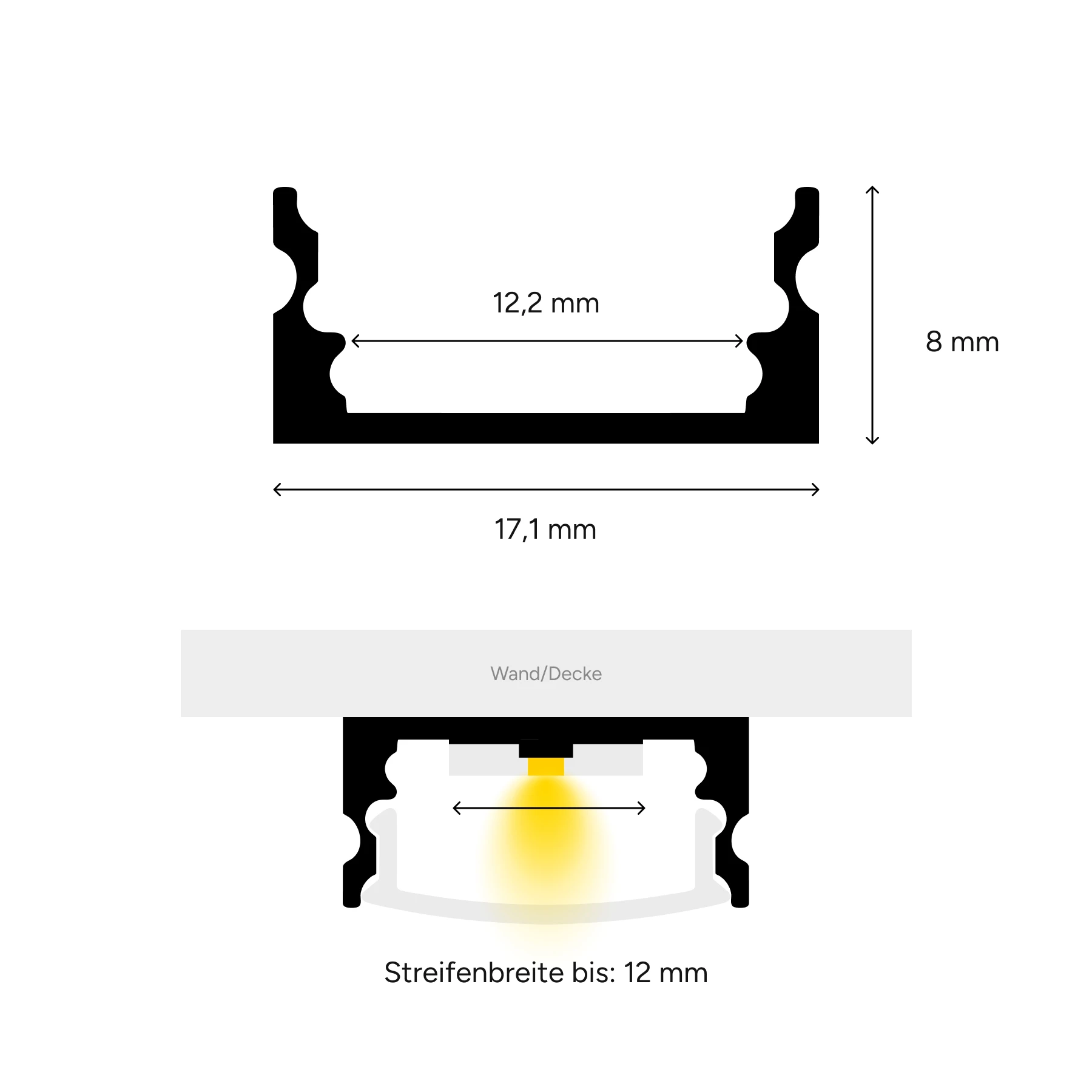 24V Slim-Line Aluminium LED Leiste - gelb - diffuse Abdeckung - kein Anschlußkabel zum Netzteil - mit Ausgangskabel ( zum Anschluss einer weiteren LED- Leiste ) - 33cm - 42 LEDS - 4,7 Watt