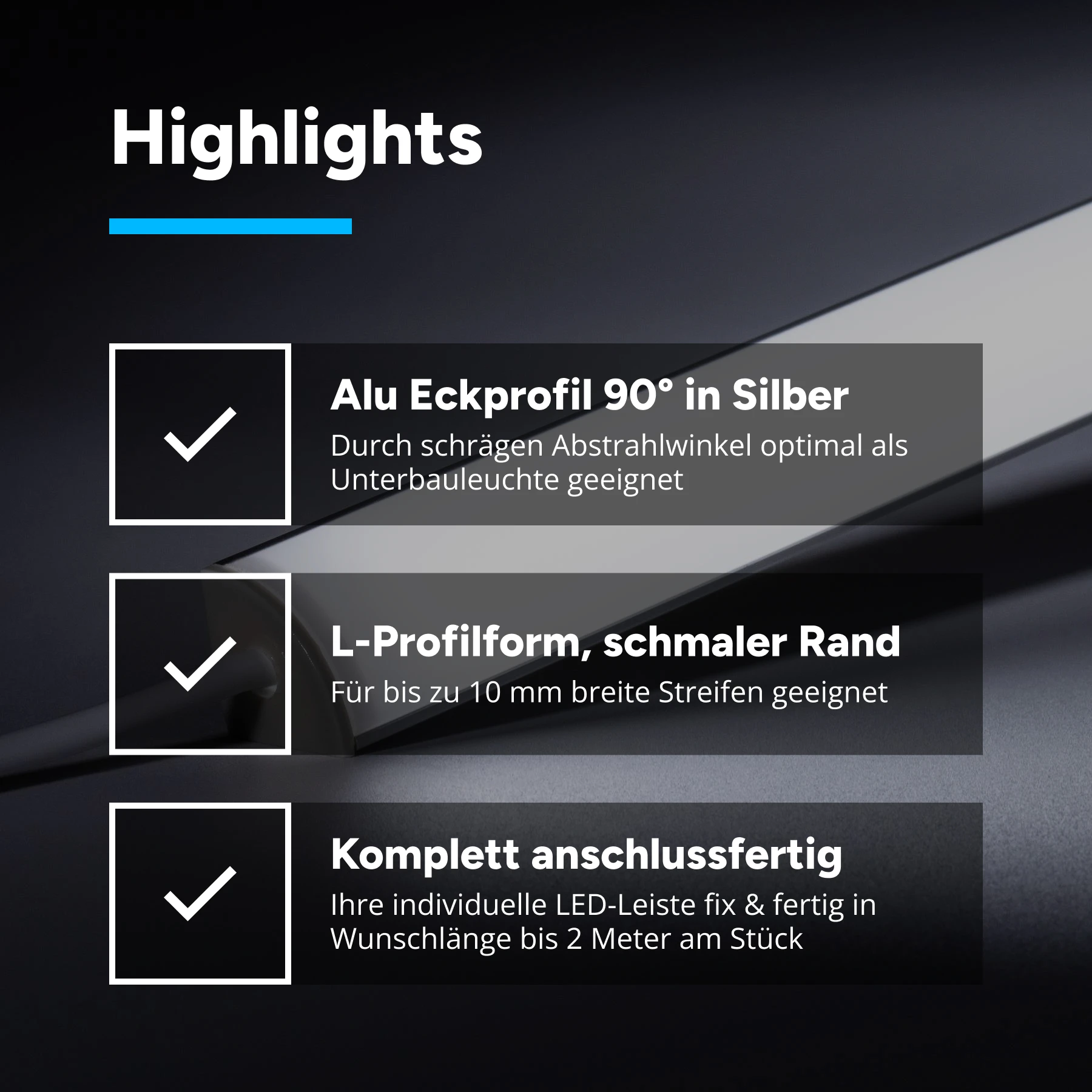 24V wasserfeste Aluminium LED Eck Leiste rund – weiß – diffus - IP65 - 23cm - 28 LEDs - 4 Watt - 440 Lumen - 100cm Eingangskabel mit offenen Enden - ohne Ausgangskabel (geschlossene Endkappe)