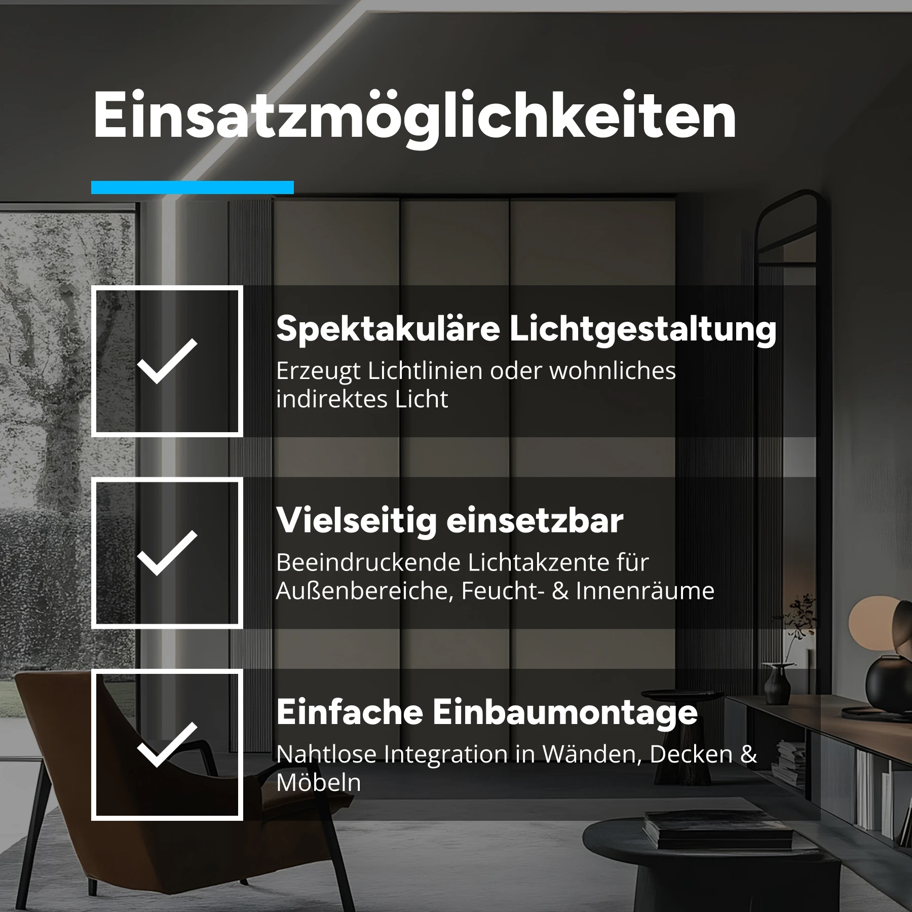 graues Aluminium LED Einbau Profil in Wunschlänge, slim, 2,48 x 0,7cm 161 cm_mit schwarzer Abdeckung_2er Set - einseitig mit Loch