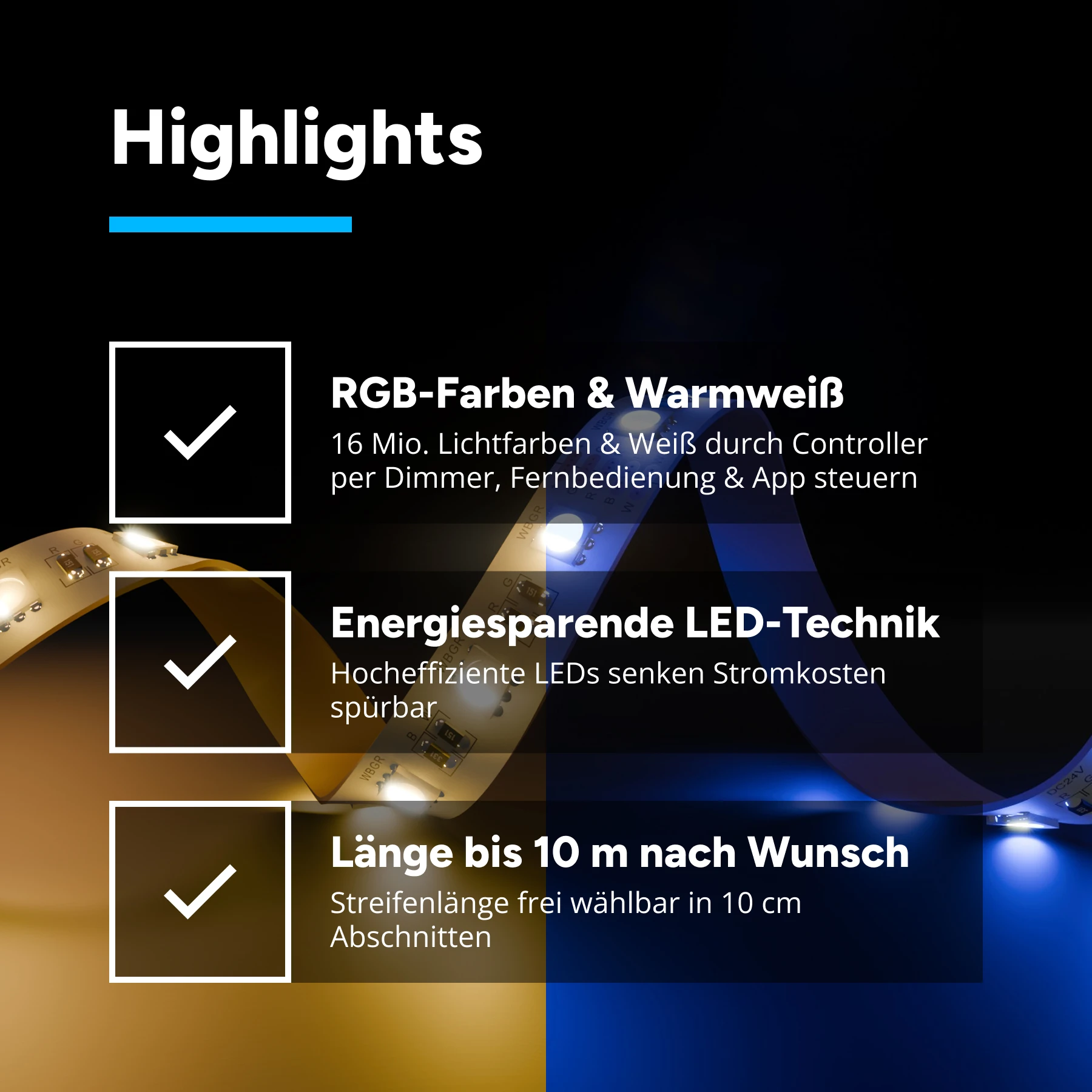 24V LED Streifen – RGBWW (RGB + Warmweiß) – 60 LEDs je Meter – alle 10cm teilbar - 10cm - 6 LEDs - 2 Watt - 120 Lumen - ohne Steckerbuchsen 5polig