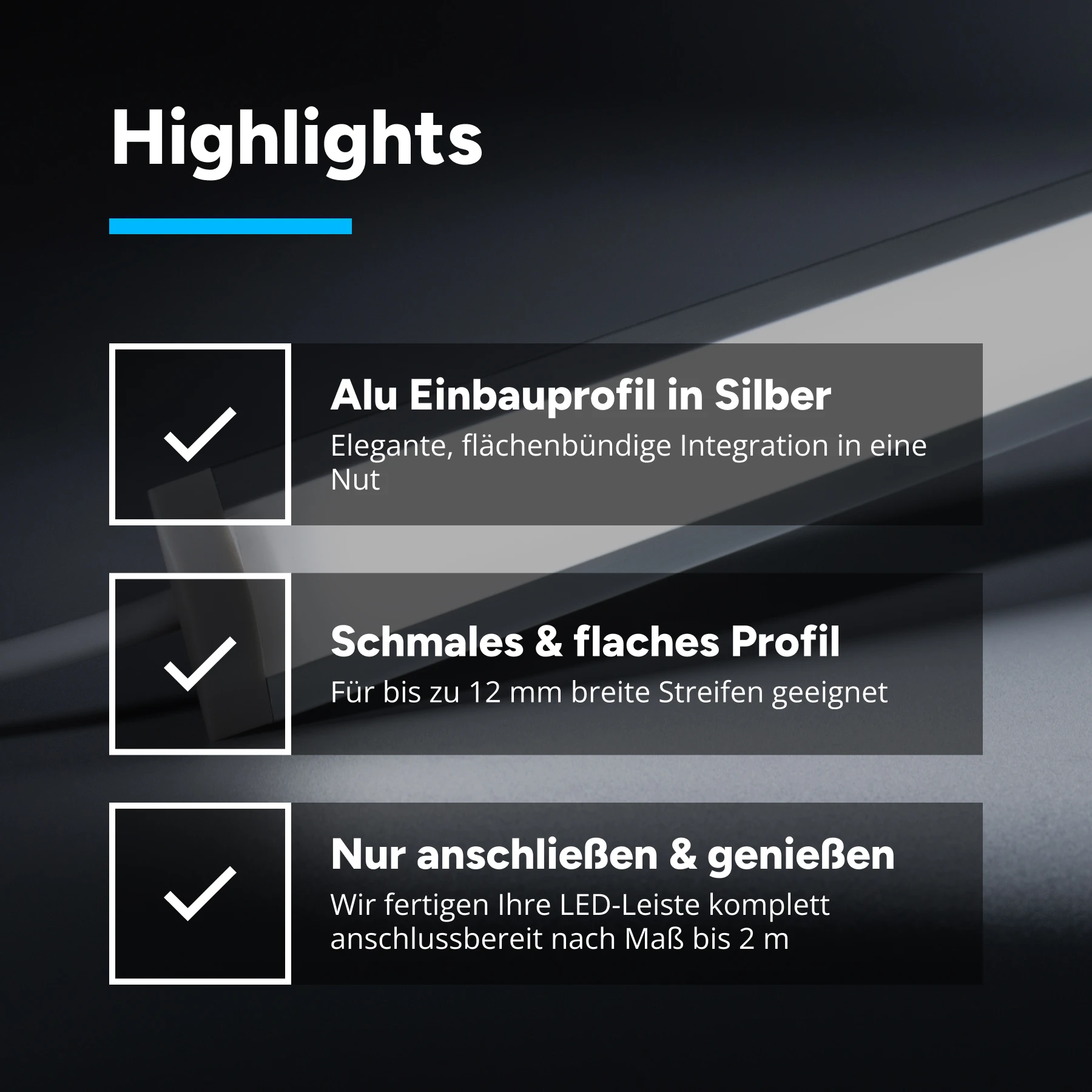 24V Aluminium Einbau LED Leiste schmal – weiß – diffuse Abdeckung - 23cm mit 28 SMD LEDs - 4 Watt 328 Lumen
