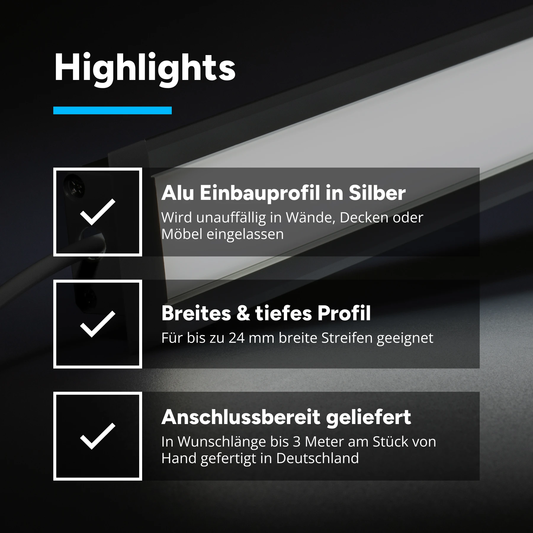 12V Aluminium Einbau LED Leiste - High Power - weiß - diffuse Abdeckung - bis 3m Länge - 33cm - 36 High Power LEDs - 5,7 Watt - 934 Lumen