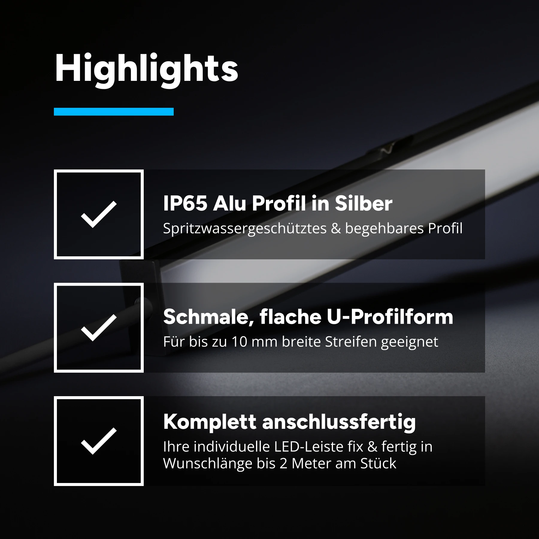 24V wasserdichte Aluminium LED Leiste – weiß – diffuse Abdeckung - IP65 - 23cm - 28 LEDs - 4 Watt - 440 Lumen - 100cm Eingangskabel mit offenen Enden - ohne Ausgangskabel (geschlossene Endkappe)