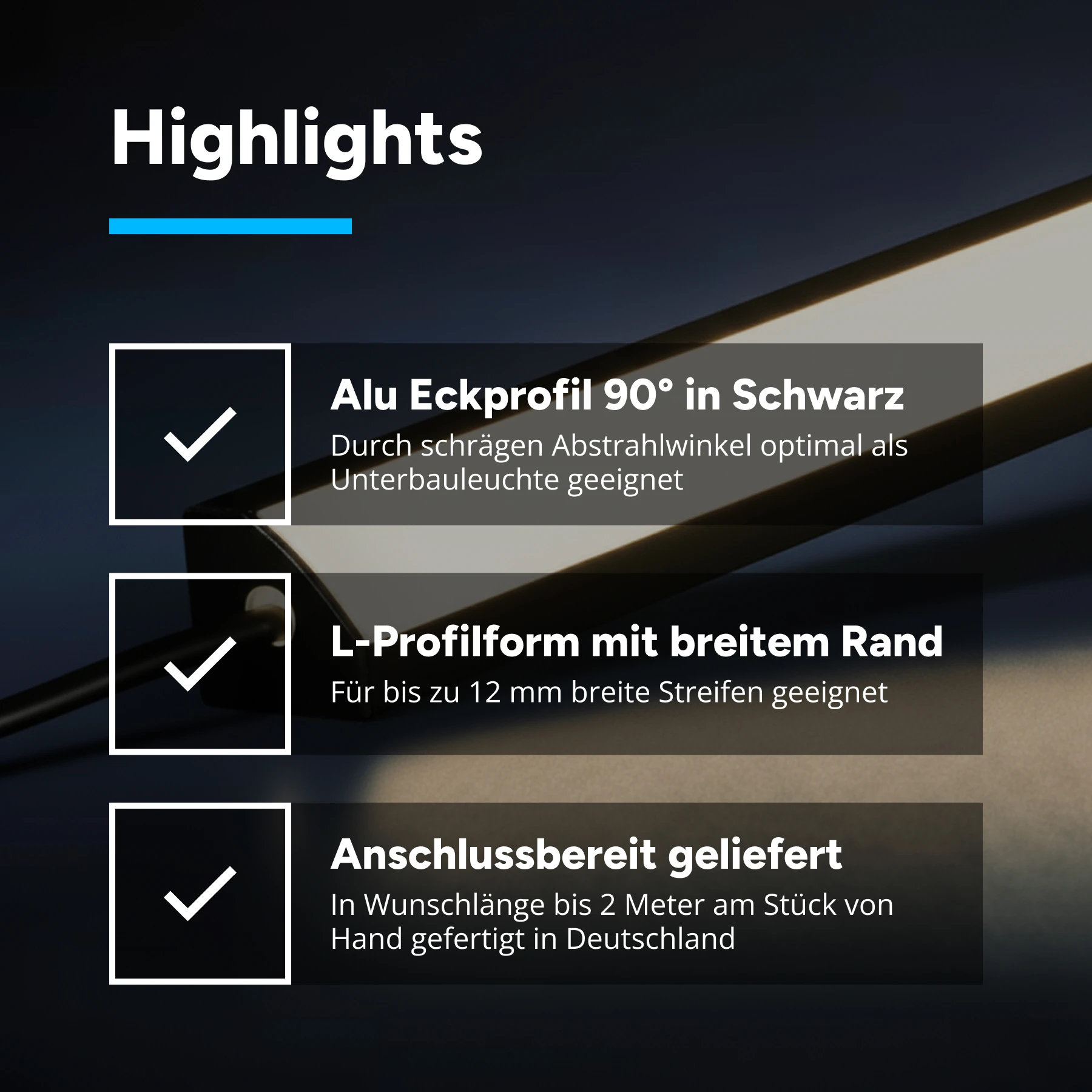24V Black Line LED Eckleiste - COB - neutralweiß - diffuse Abdeckung - 33cm - 144 LED Chips - 4 Watt - 360 Lumen - kein Anschlußkabel zum Netzteil - mit Ausgangskabel ( zum Anschluss einer weiteren LED- Leiste )