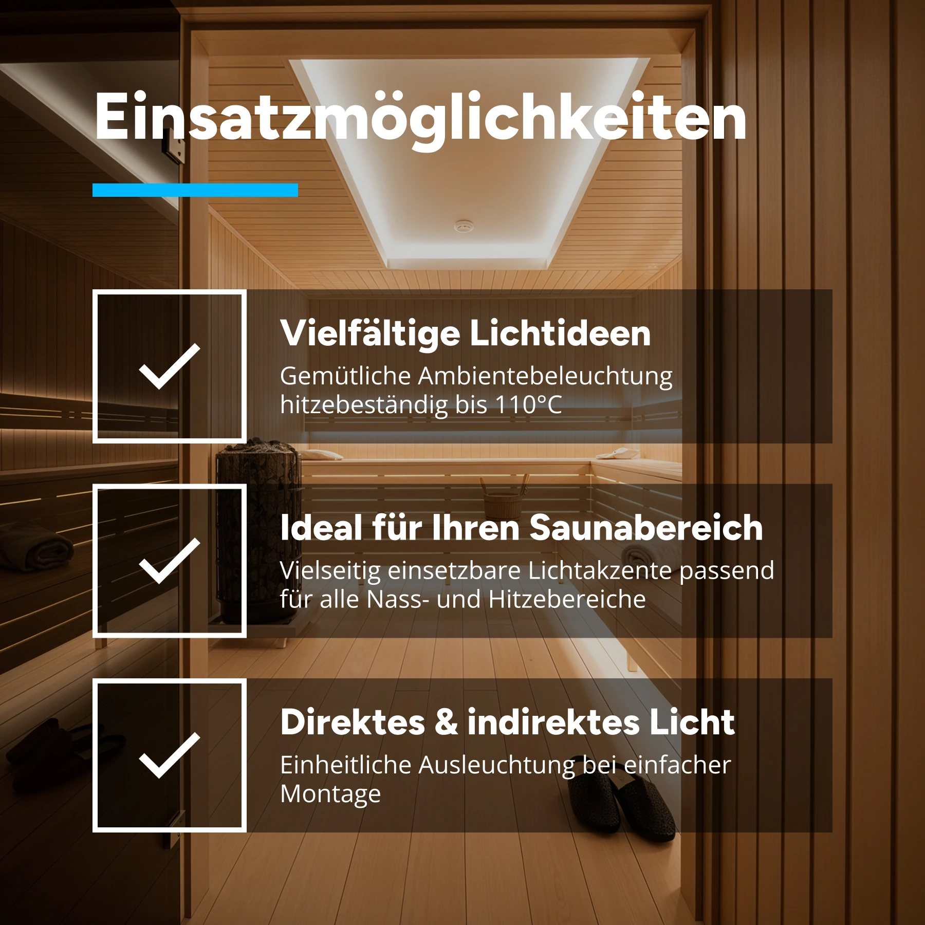 24V wasserfester Sauna LED Streifen - RGBWW - temperaturbeständig bis 110° - IP68 - 100cm - 30 LEDs - 6 Watt - 337 Lumen - 50cm Eingangskabel mit offenen Enden