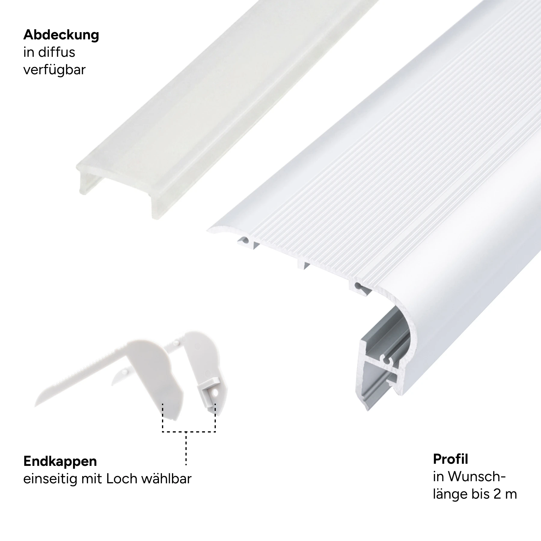 Aluminium LED Treppen Profil, round line, 8 x 5 x 15cm - ohne Abdeckung - ohne Endkappen