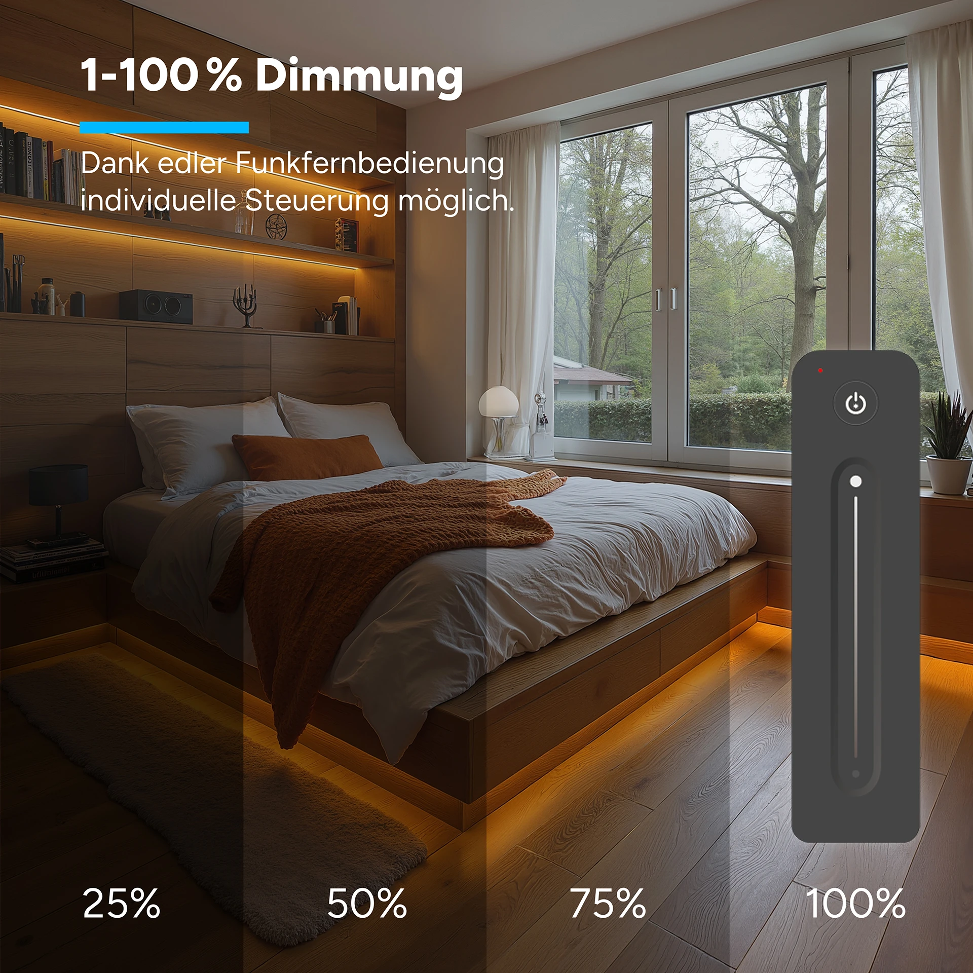24V LED Streifen Set, 500 cm, Lichtfarbe warmweiß, mit Netzteil und schwarzer Fernbedienung