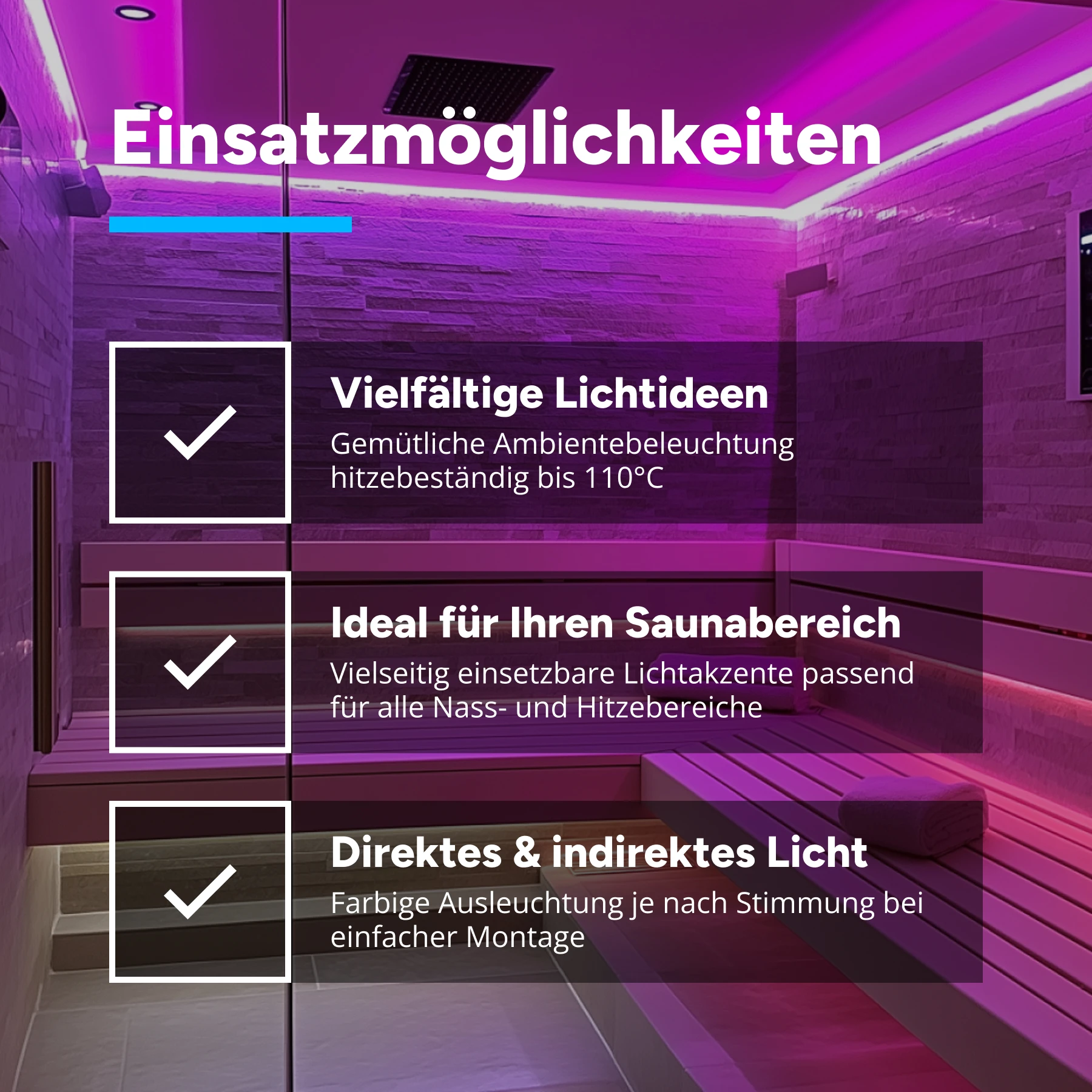 24V wasserfester Sauna LED Streifen - RGB- temperaturbeständig bis 110° -  IP68 - 60cm - 36 LEDs - 2,3 Watt - 83 Lumen - 50cm Eingangskabel mit offenen Enden