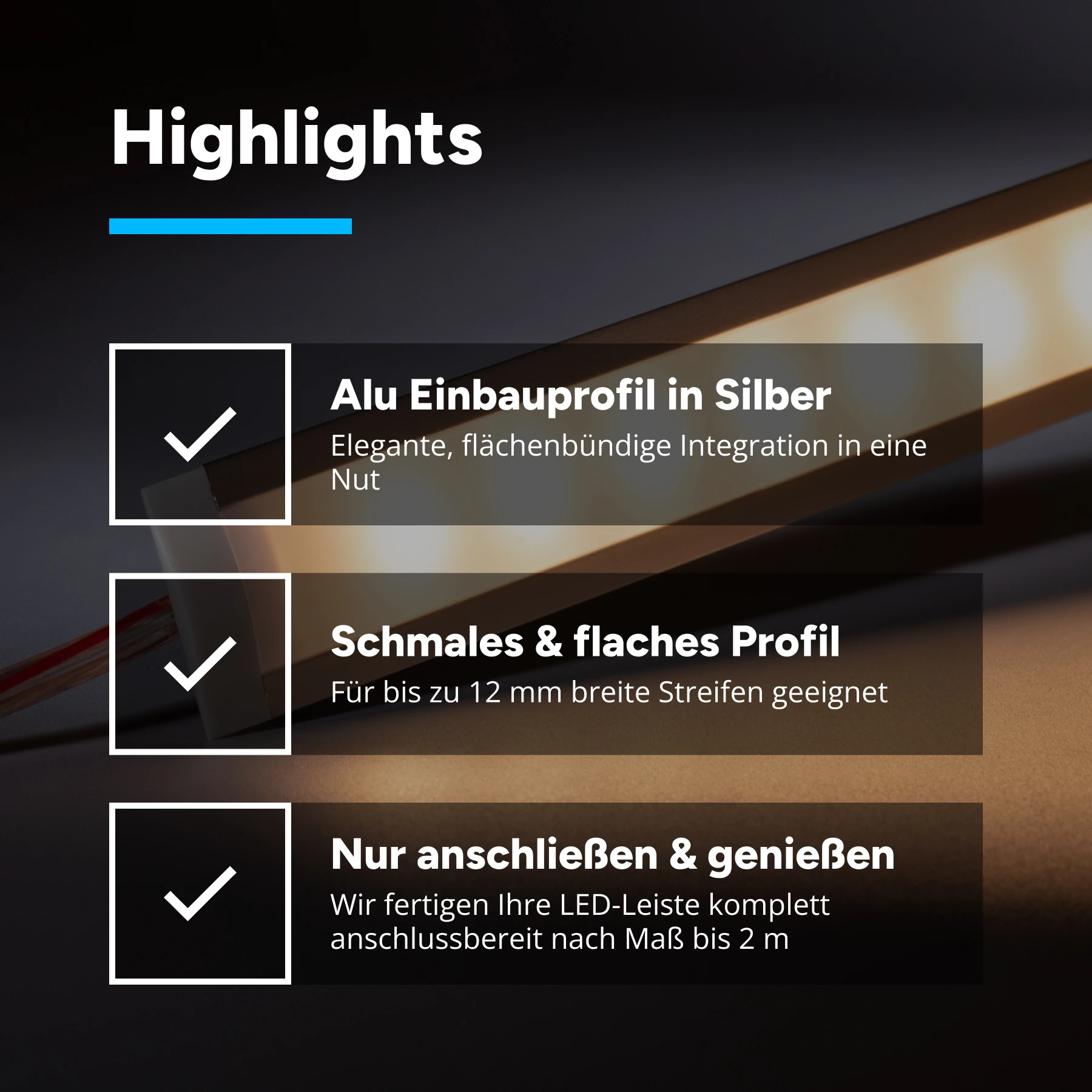 12V Aluminium Einbau LED Leiste schmal – warmweiß – diffuse Abdeckung - 33cm mit 18 SMD LEDs - 3 Watt - 210 Lumen