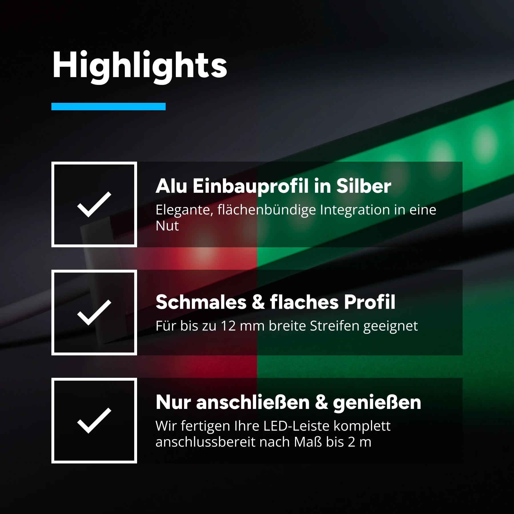 24V Aluminium Einbau LED Leiste schmal – RGB – diffuse Abdeckung - 23 cm mit 14 SMD LEDs - 3 Watt - 140 Lumen