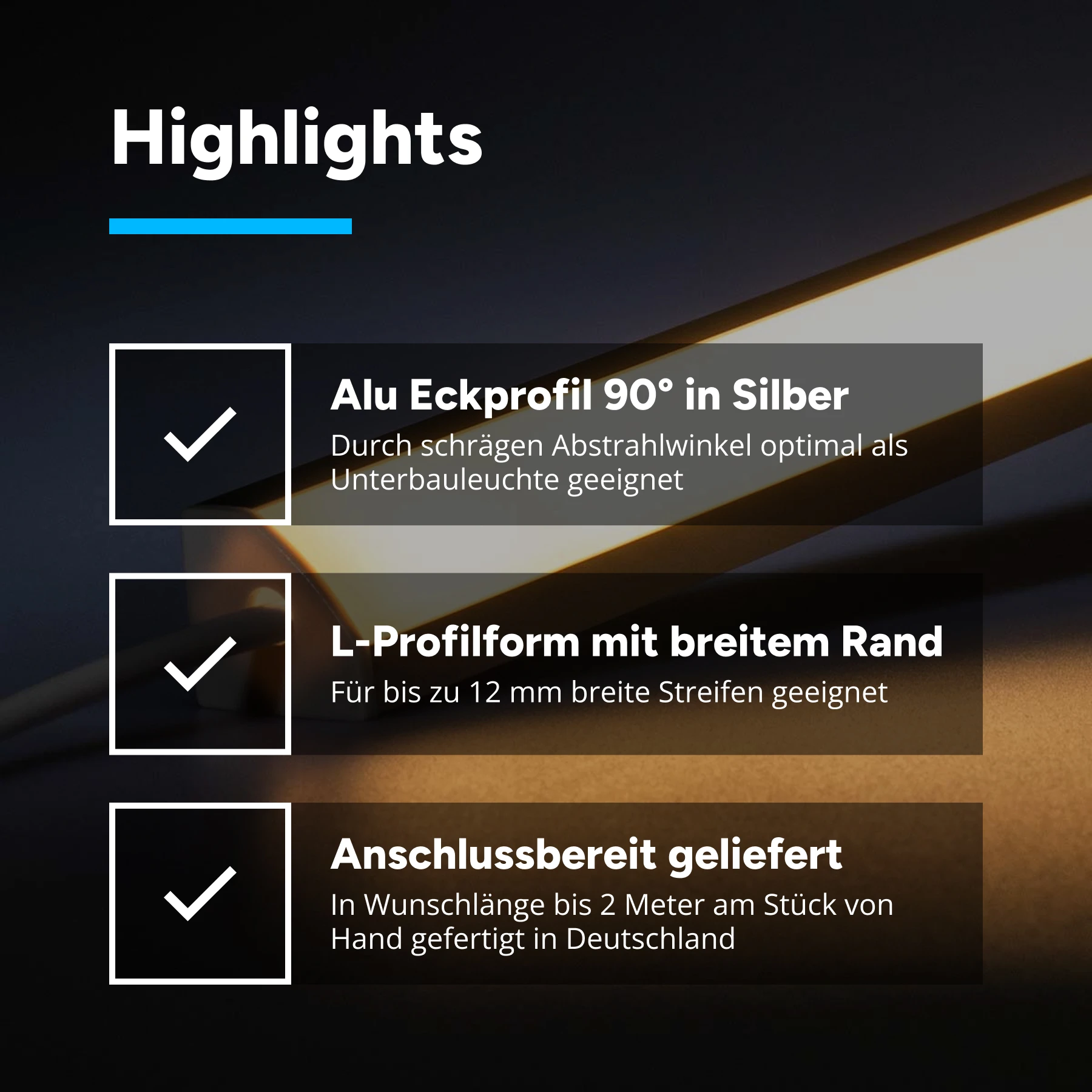 12V Aluminium LED Eckleiste – warmweiß – diffuse Abdeckung - kein Anschlußkabel zum Netzteil - 33cm mit 18 SMD LEDs - 3,5 Watt - 210 Lumen