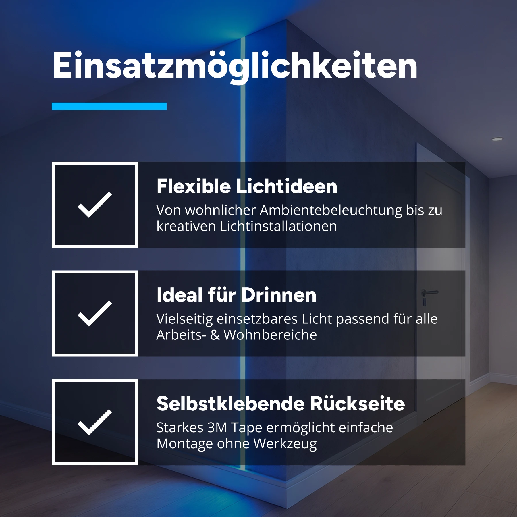24V  LED Streifen – blau – 140 LEDs je Meter – alle 5cm teilbar 20cm - 28 LEDs - 4 Watt_Plug & Play schwarz | 20 cm_Offen schwarz | 100 cm