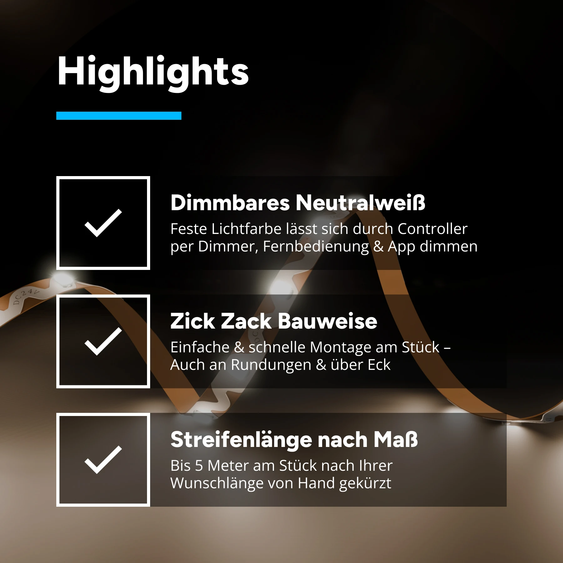 24V Zick Zack LED Streifen - neutralweiß - 60 LEDs je Meter - alle 10cm teilbar - 20cm - 12 LEDs - 1,8 Watt - 180 Lumen - ohne Eingangskabel - Löten erforderlich