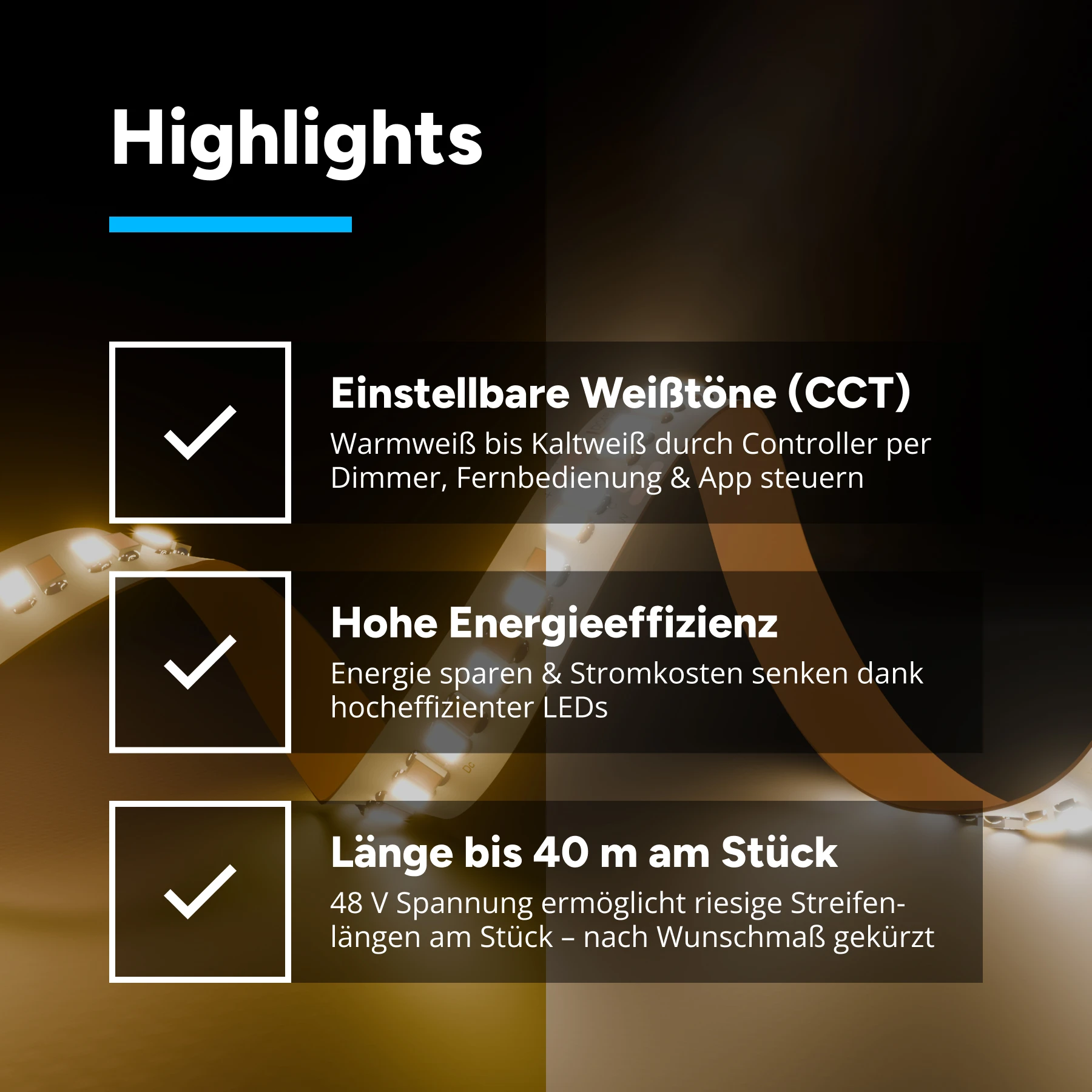 48V LED Streifen - einstellbare Farbtemperatur - alle 10cm teilbar - 12mm breit - 10cm - 24 LED Chips - 1,1 Watt - 110 Lumen - mit 15cm Eingangskabel