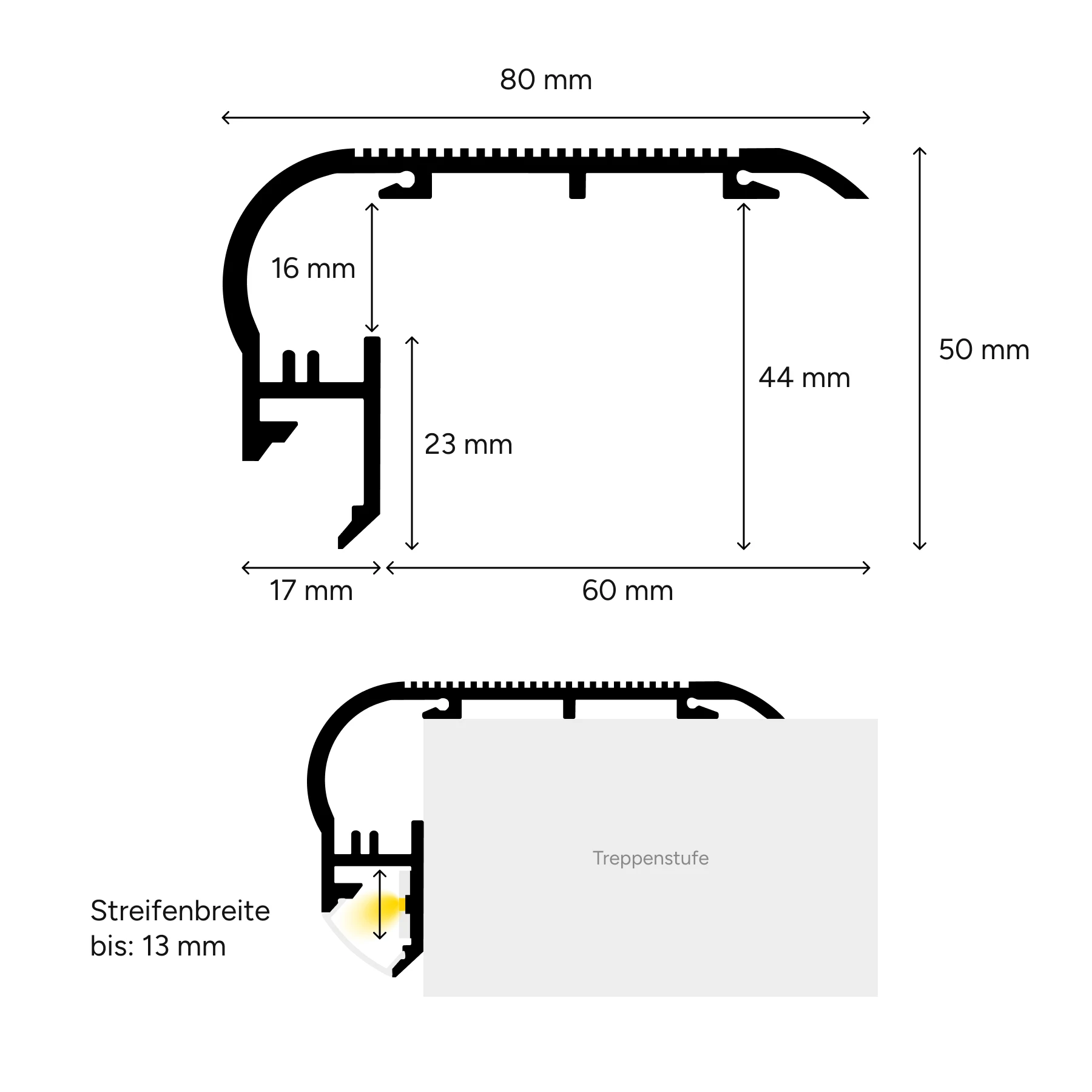 24V Aluminium Treppenstufen LED Leiste - neutralweiß - diffuse Abdeckung - 53cm mit  70 SMD LEDs - 10Watt - 840Lumen