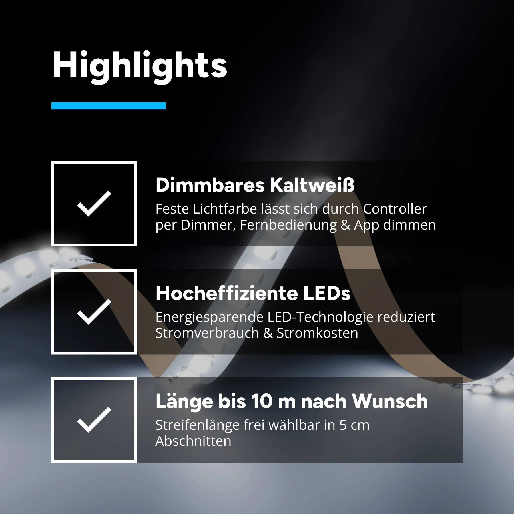 24V LED Streifen energiesparend - weiß - 180 LEDs je Meter - alle 5cm teilbar - 790cm - 1422 LEDs - 76 Watt - 14773 Lumen - ohne Steckerbuchsen 2polig - 100cm Anschlußkabel zum Netzteil