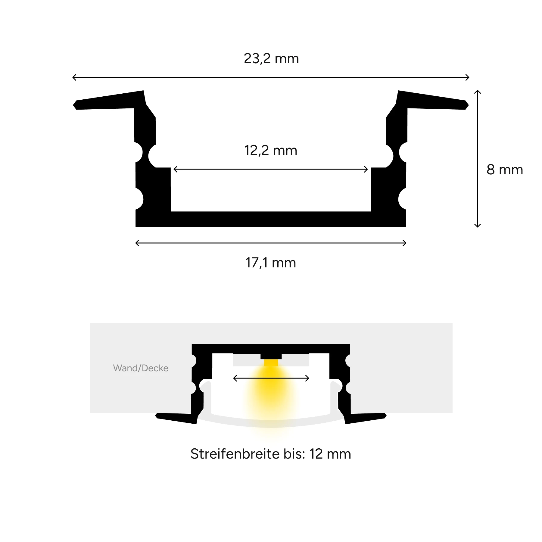 12V Aluminium Einbau LED Leiste schmal - COB - warmweiß - diffuse  Abdeckung - 33cm - 132 LED Chips - 3 Watt - 281 Lumen