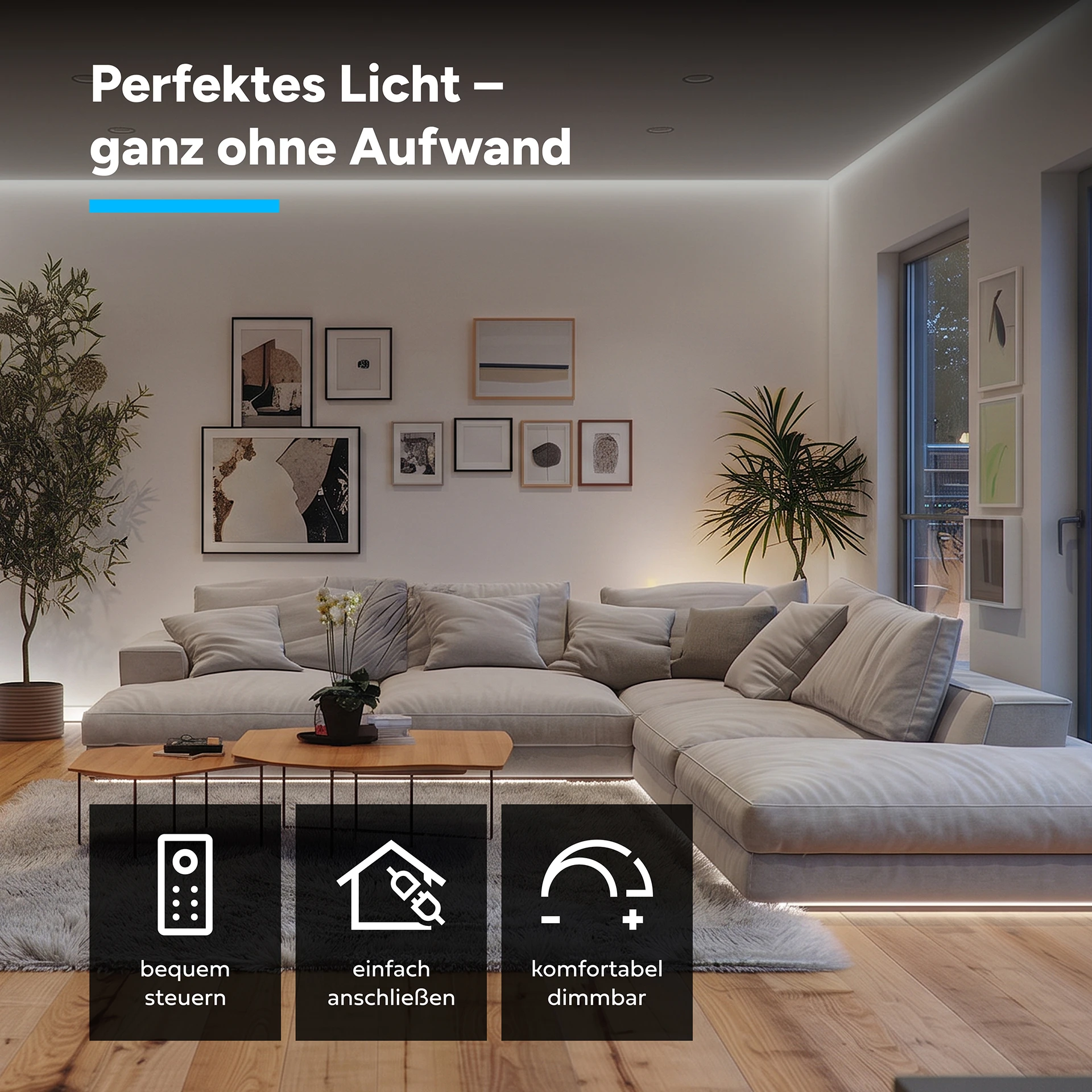 24V LED Streifen Set, 500 cm, Lichtfarbe neutralweiß, mit Netzteil und schwarzer Fernbedienung