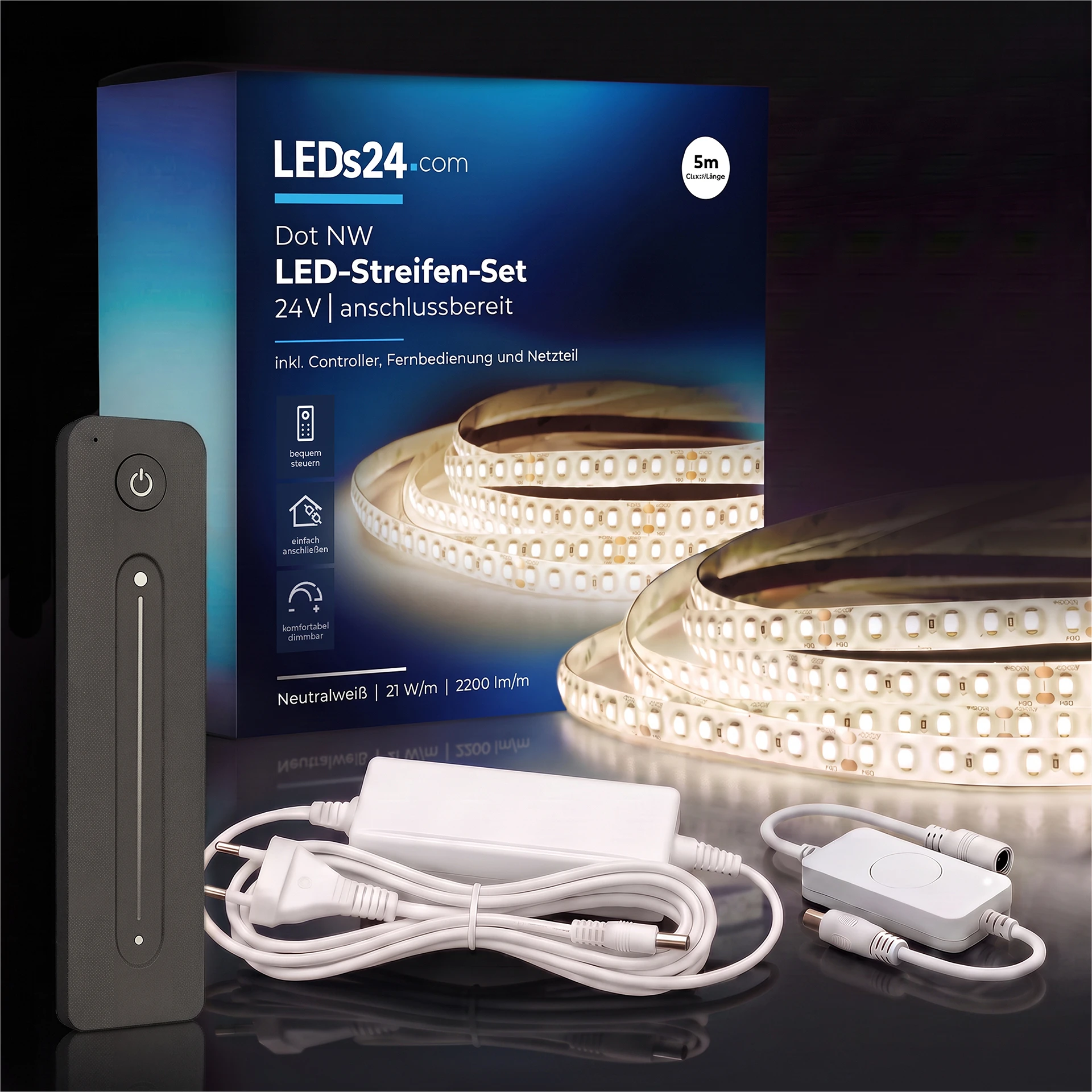 24V LED Streifen Set, 500 cm, Lichtfarbe neutralweiß, mit Netzteil und schwarzer Fernbedienung