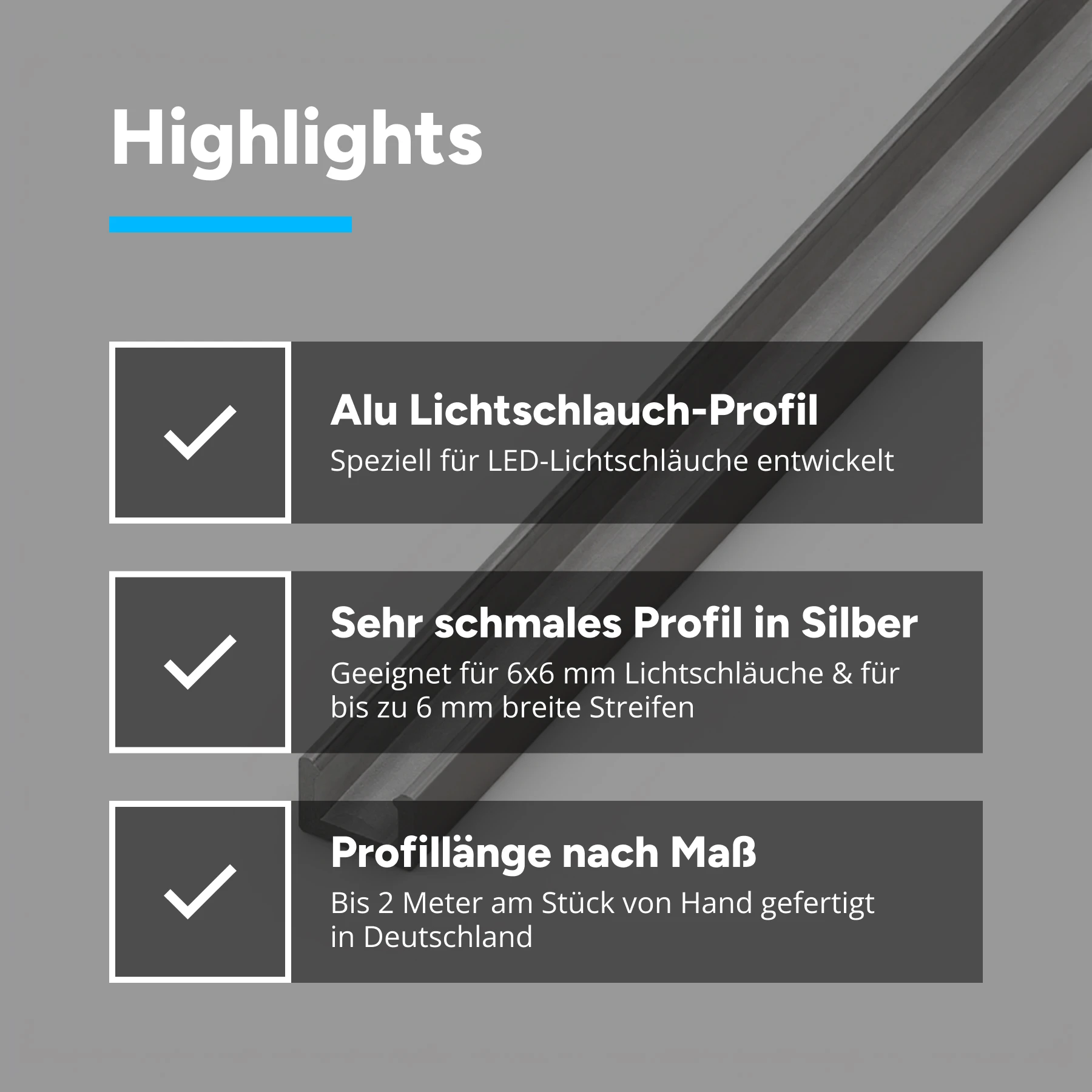 Aluminium LED Profil für 6 x 6mm Neon Streifen, 0,85 x 0,61 x 15cm