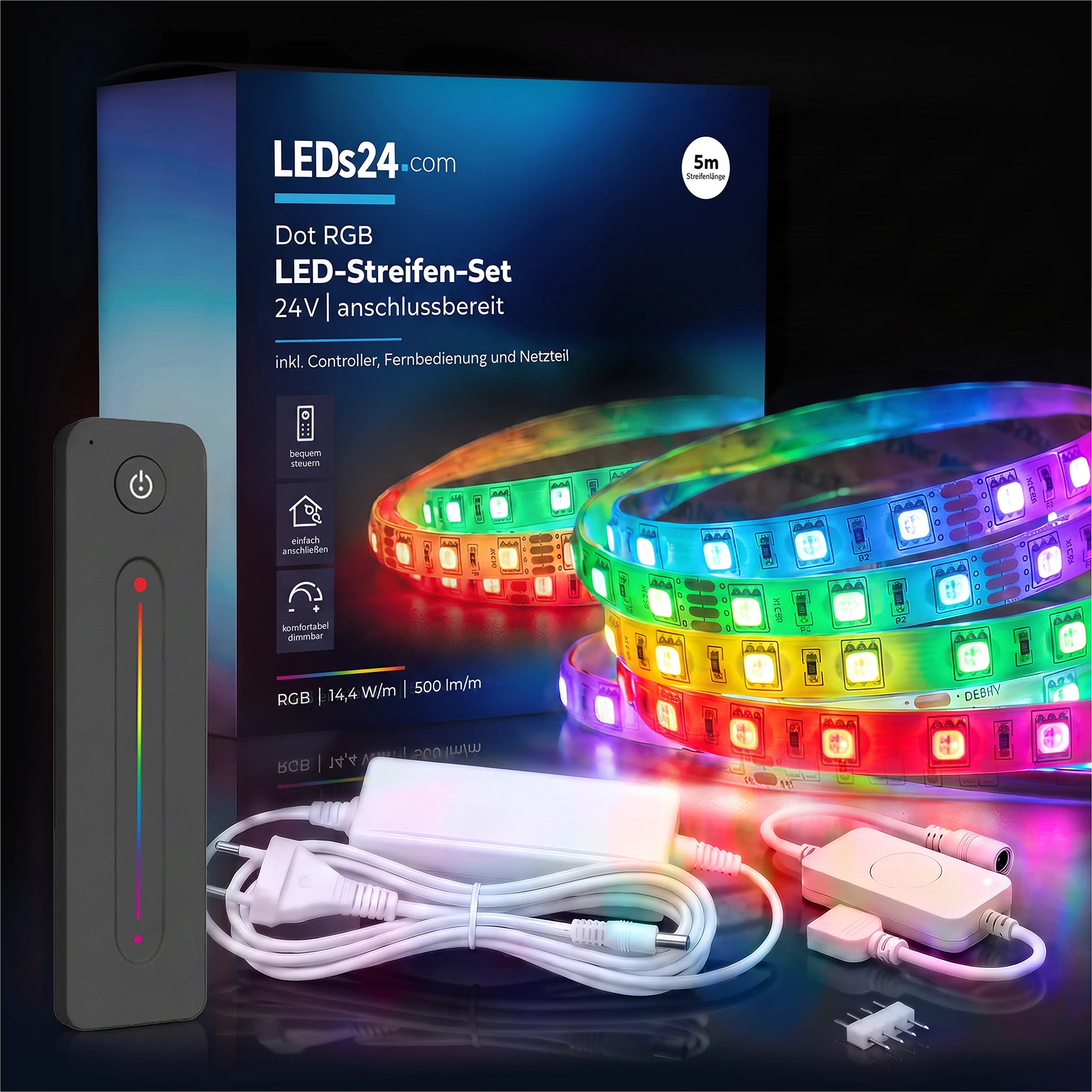 24V LED Streifen Set, 500 cm, Lichtfarbe RGB, mit Netzteil und schwarzer Fernbedienung