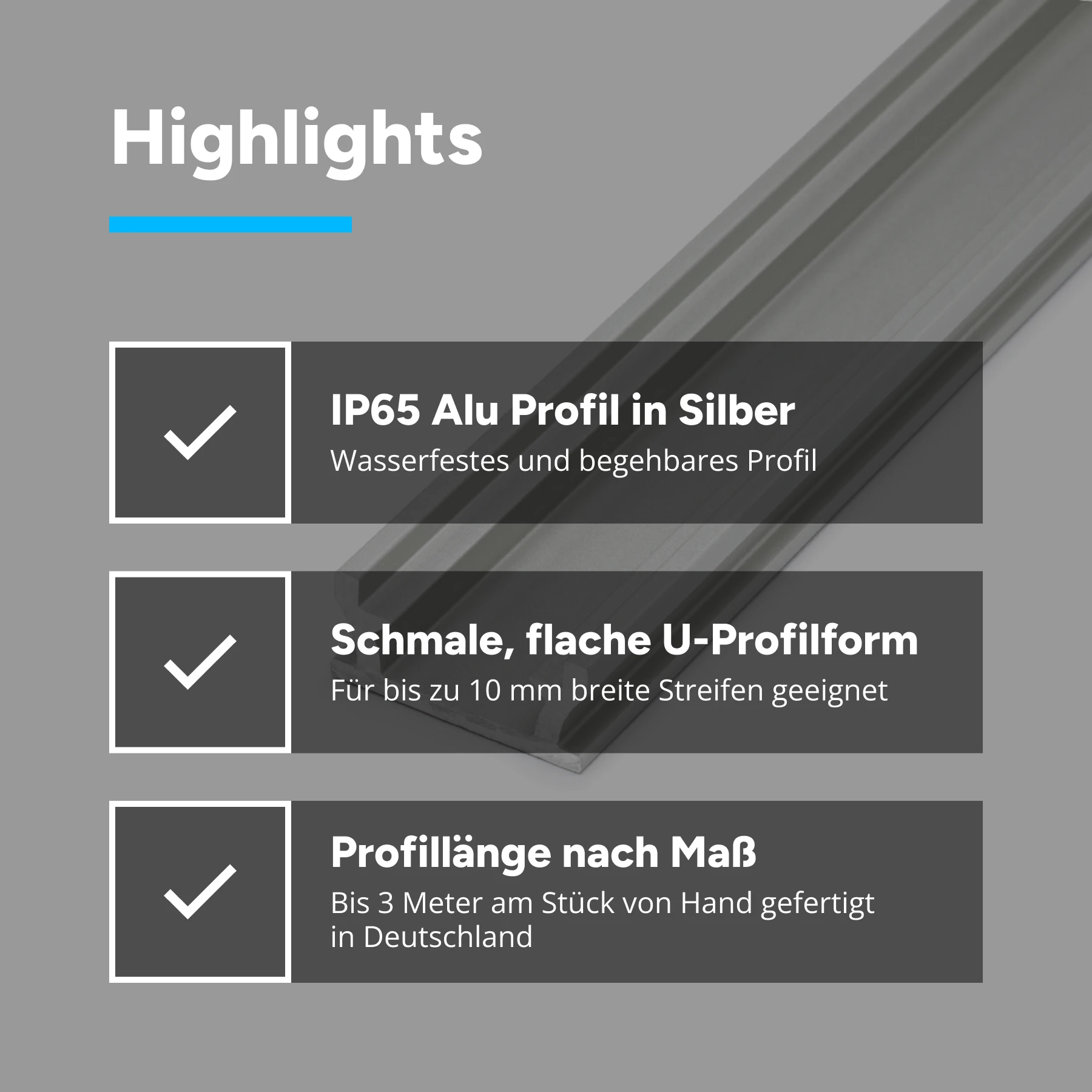 Aluminium LED Einbau / Aufputz Profil, spritzwassergeschützt, 2,0 x 0,9 x 15cm - ohne Abdeckung - ohne Endkappen