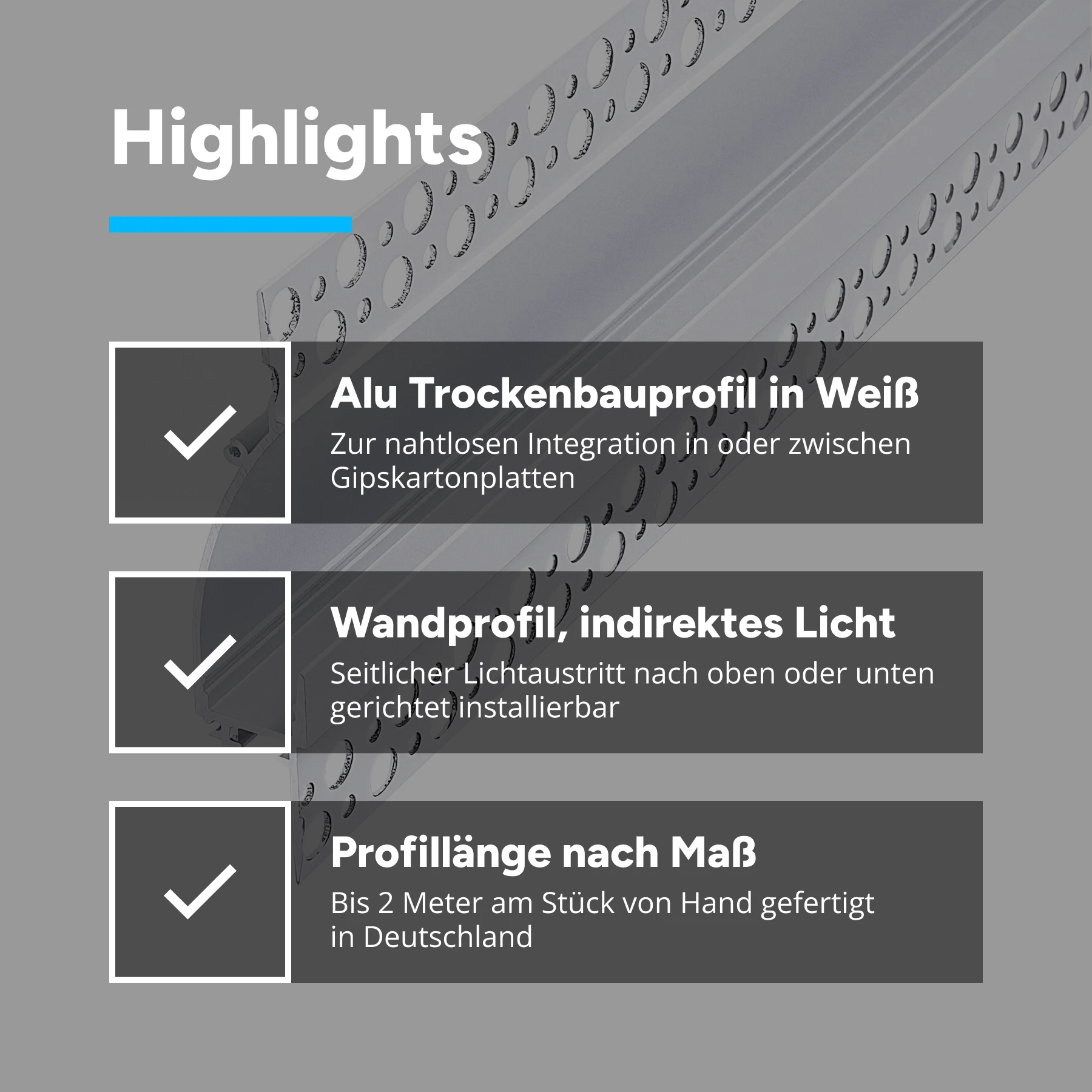 weißes Aluminium LED Unterputz Profil, Trockenbau indirekt, 5,3 x 1,85 x 15cm - ohne Abdeckung - ohne Endkappen