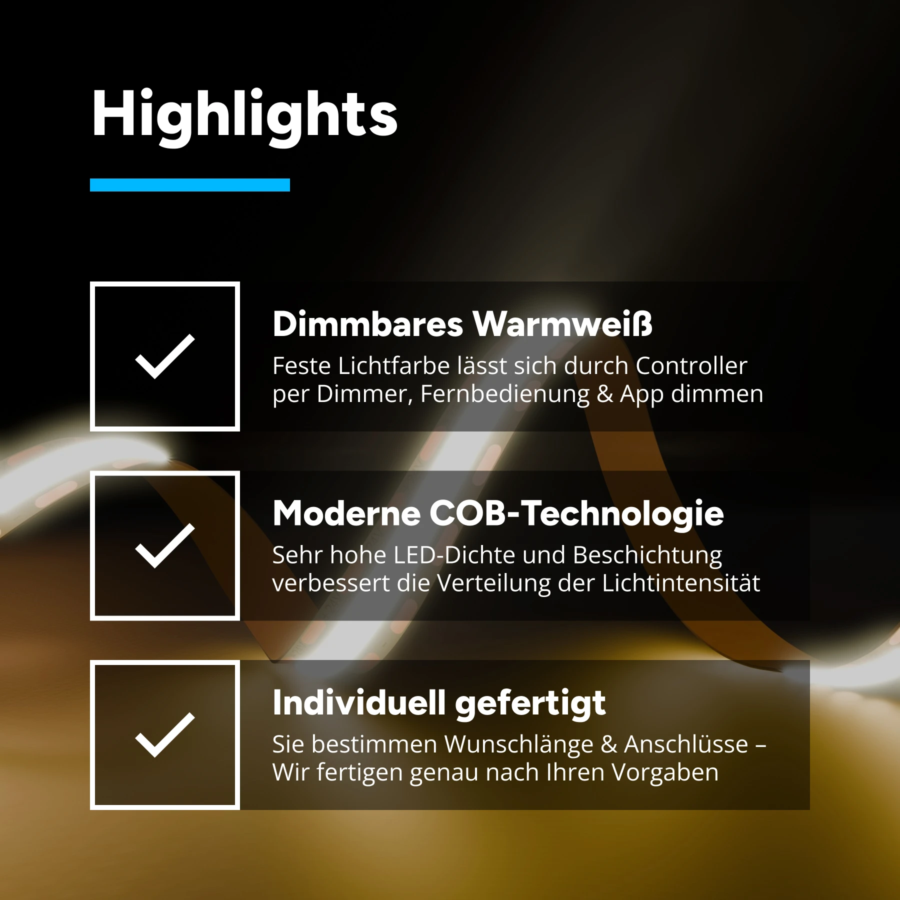 24V COB LED Streifen - warmweiß  - alle 1cm teilbar - 10mm breit - 170cm - 1020 LED Chips - 30,6 Watt - 2414 Lumen - mit 2 Steckerbuchsen - kein Löten - 100cm Anschlußkabel zum Netzteil