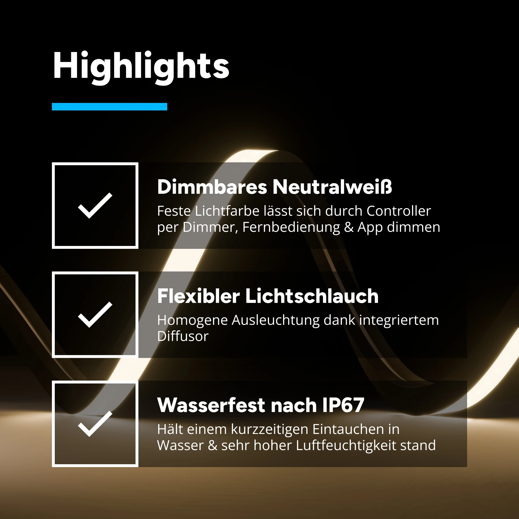 24V wasserfester LED Lichtschlauch in schwarz - neutralweiß - diffus - Neon-Effekt - IP67 - 15x15mm - 10cm Eingangskabel mit offenen Kabelenden