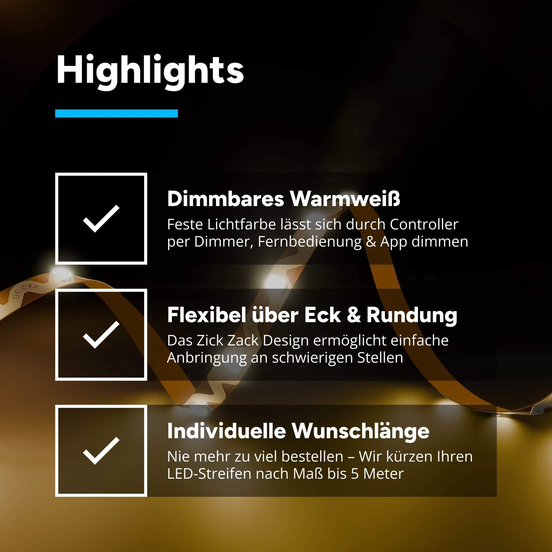 24V Zick Zack LED Streifen - warmweiß - 60 LEDs je Meter - alle 10cm teilbar - 20cm - 12 LEDs - 1,8 Watt - 180 Lumen - ohne Eingangskabel - Löten erforderlich