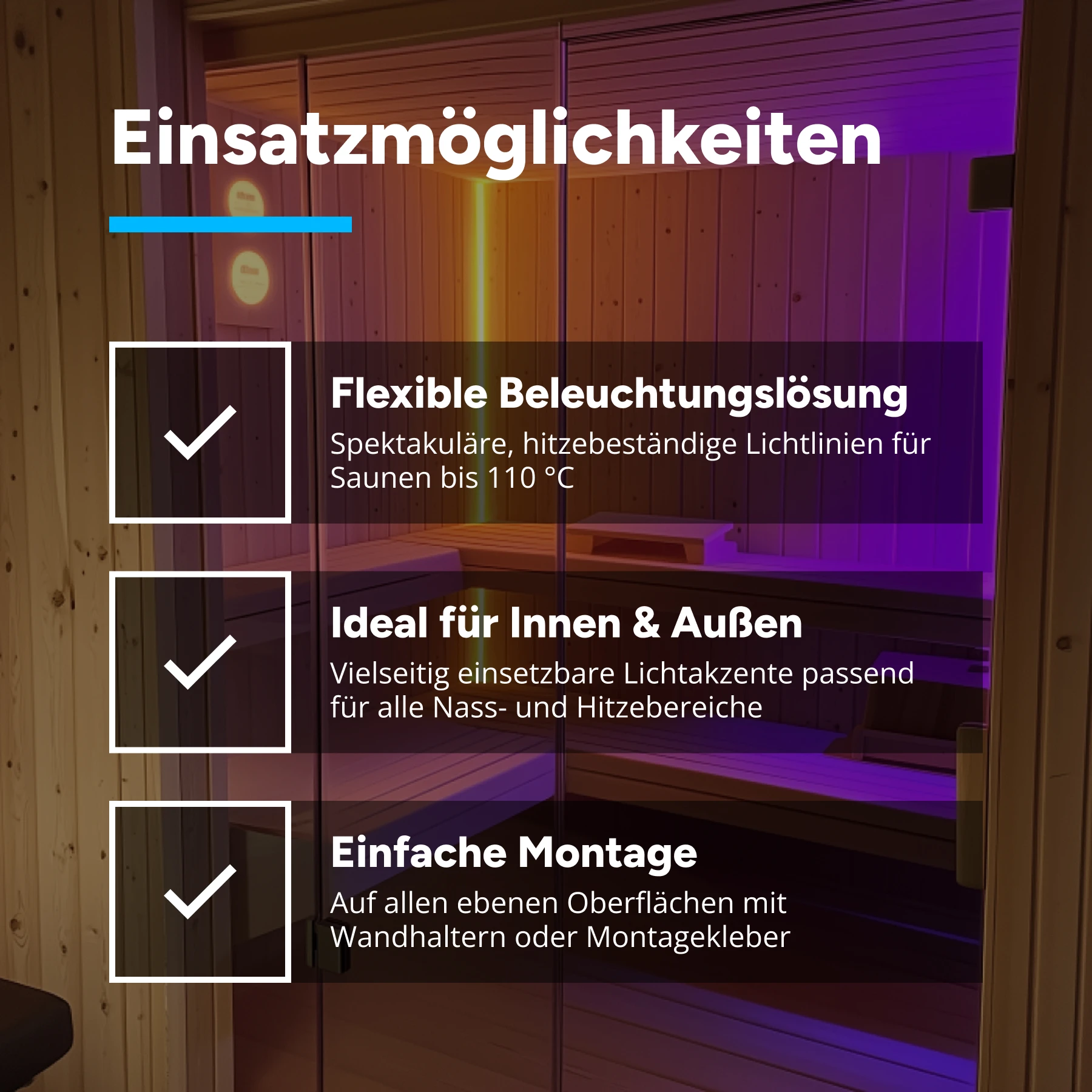 24V wasserfeste Sauna LED Leiste - hitzebeständig - RGBWW - diffuse Abdeckung - IP68 - bis 3m Länge - 38cm - 10 LEDs - 2 Watt - 112 Lumen - 100cm Eingangskabel mit offenen Enden - ohne Ausgangskabel (geschlossene Endkappe)