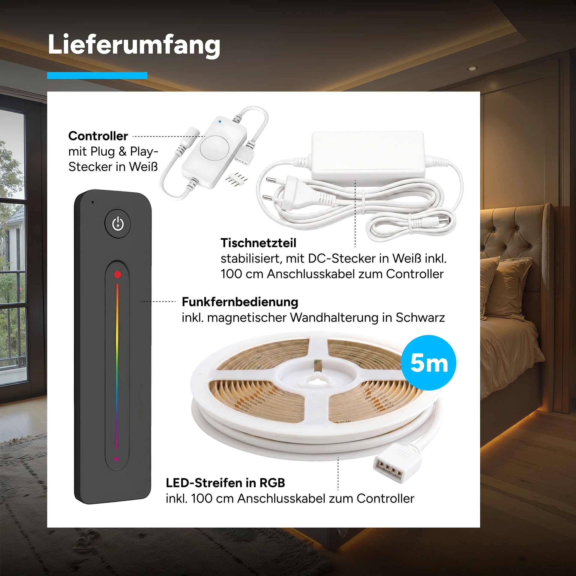 24V LED Streifen Set, 500 cm, Lichtfarbe RGB, mit Netzteil und schwarzer Fernbedienung