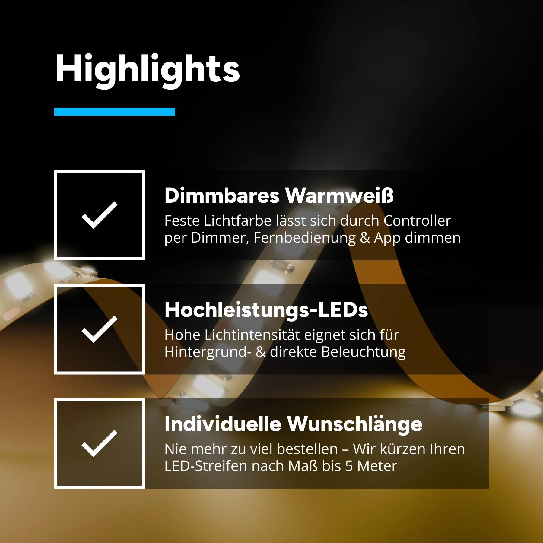 12V High Power LED Streifen - warmweiß - 120 LEDs je Meter - alle 2,5cm teilbar - 350cm - 420 High Power LEDs - 66,5 Watt - 9958 Lumen - ohne Eingangskabel - Löten erforderlich