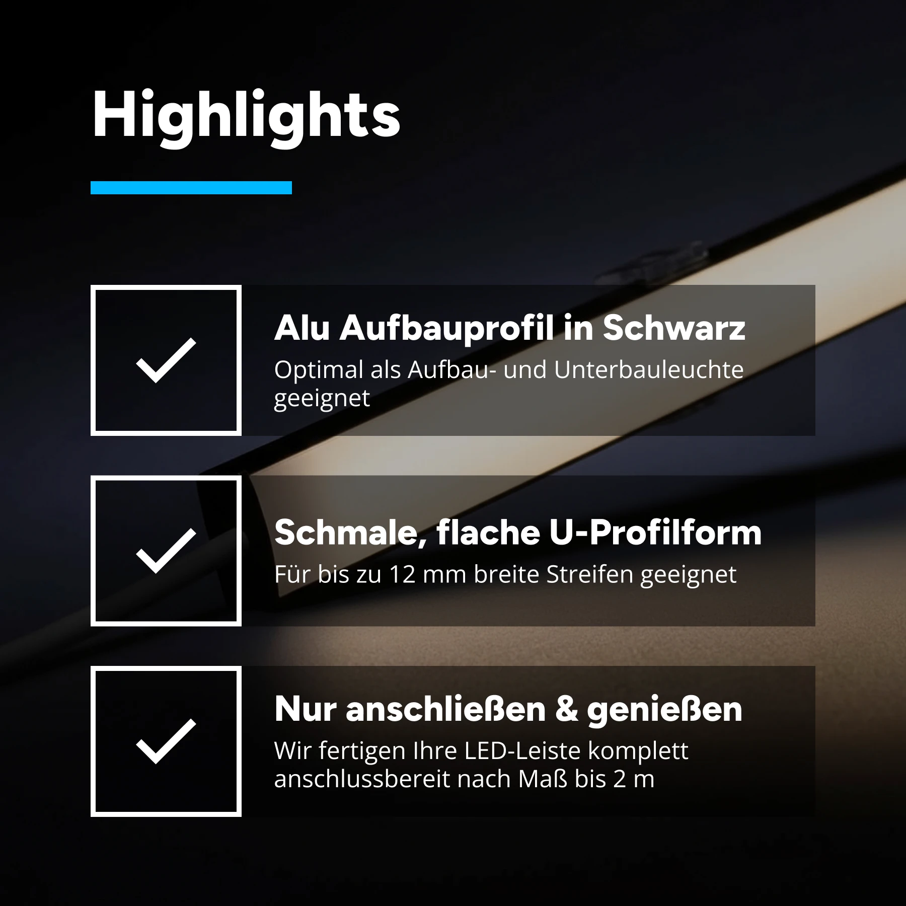 24V Black Line Slim Aluminium LED Leiste - COB - neutralweiß - diffuse Abdeckung - 33cm - 144 LED Chips - 4 Watt - 360 Lumen - mit Ausgangskabel (zum Anschluss einer weiteren LED Leiste) - kein Anschlußkabel zum Netzteil