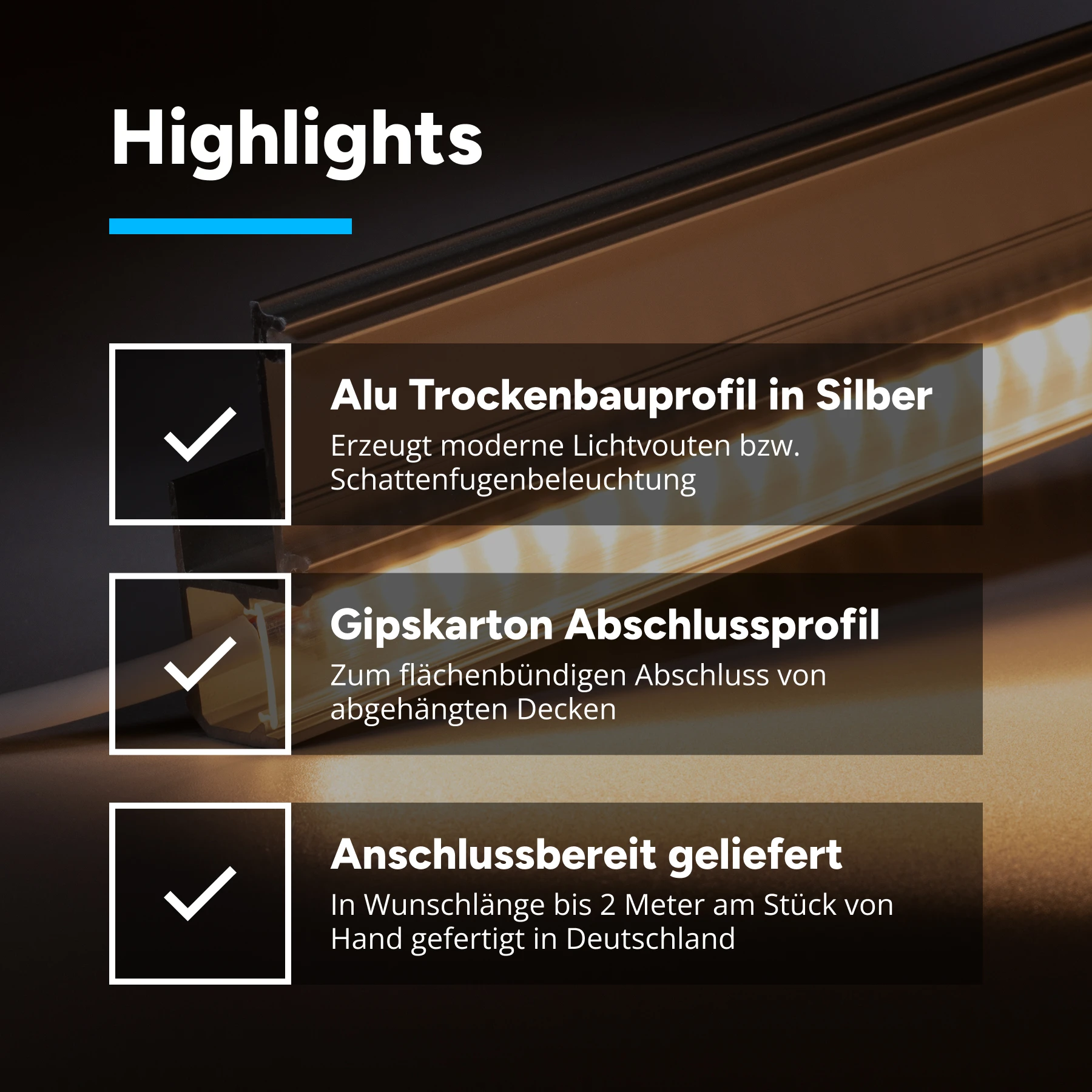 24V Aluminium Trockenbau Abschluss LED Leiste – warmweiß – transparente Abdeckung - 33 cm mit 42 SMD LEDs - 6 Watt - 504 Lumen