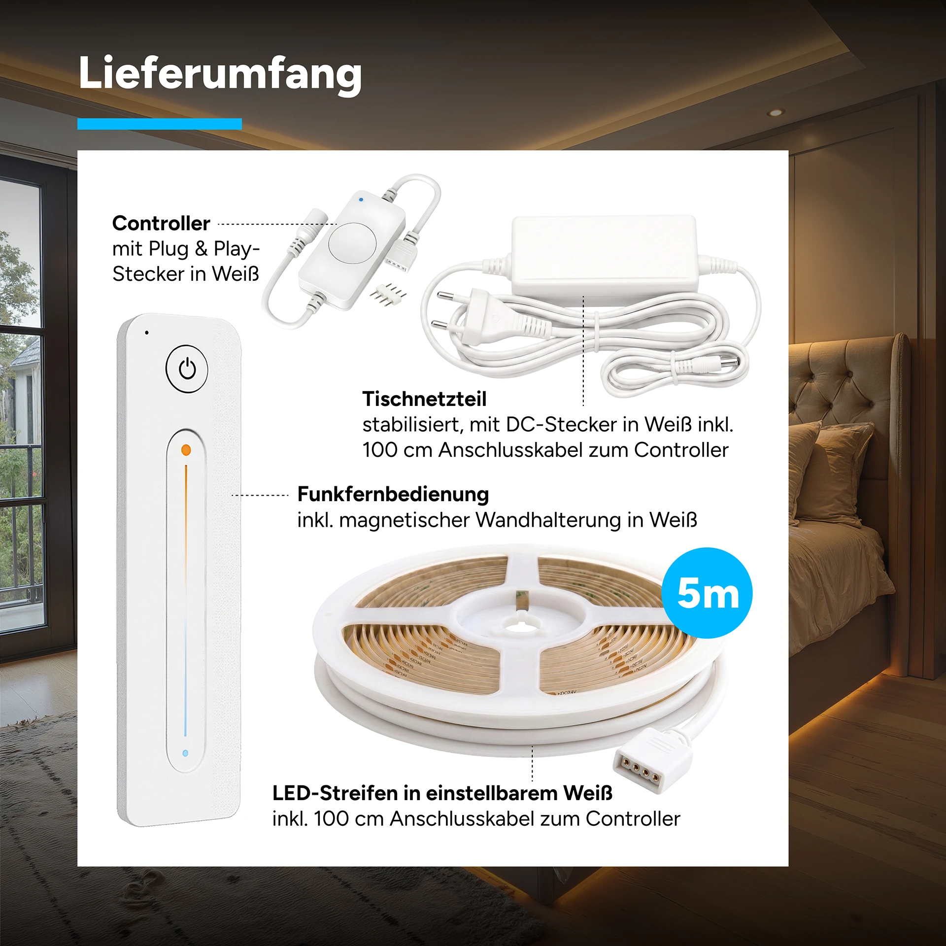 24V LED Streifen Set, 500 cm, Lichtfarbe weiß einstellbar, mit Netzteil und weißer Fernbedienung