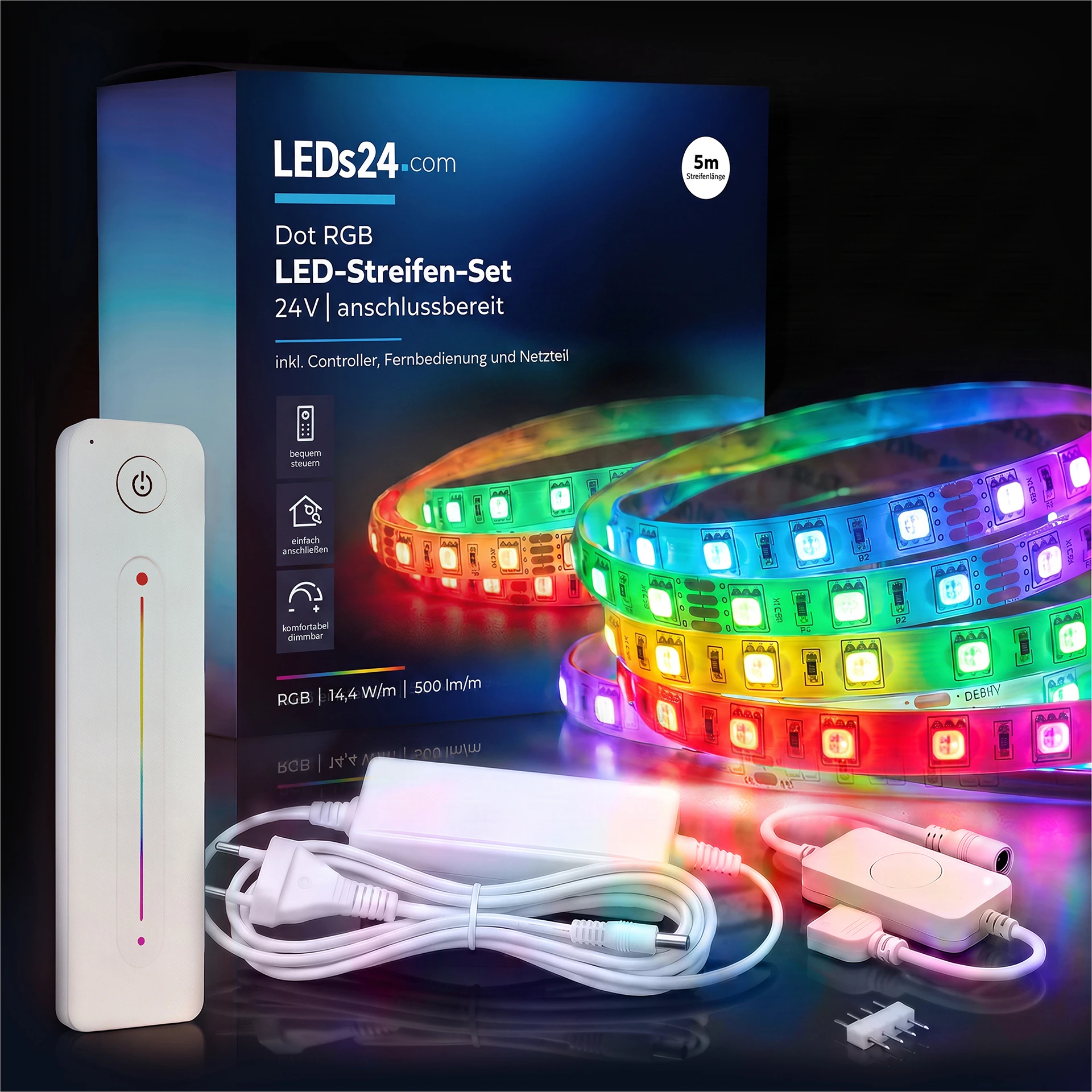 24V LED Streifen Set, 500 cm, Lichtfarbe RGB, mit Netzteil und weißer Fernbedienung