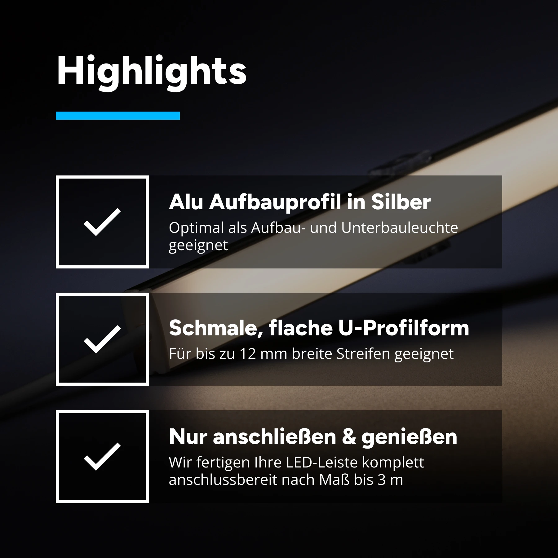 24V Slim-Line Aluminium LED Leiste - COB - neutralweiß - diffuse Abdeckung - mit Ausgangskabel ( zum Anschluss einer weiteren LED- Leiste ) - kein Anschlußkabel zum Netzteil - 33cm - 144 LEDs - 3,6 Watt - 360 Lumen