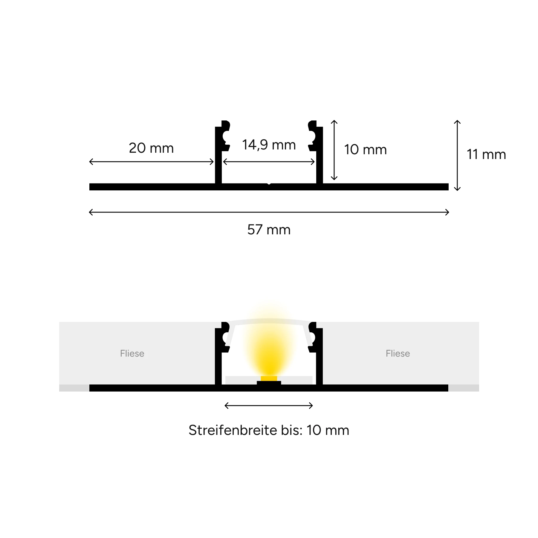 Aluminium LED Fliesenprofil, ideal, 1,69 x 1,1 x 15cm - ohne Abdeckung - ohne Endkappen