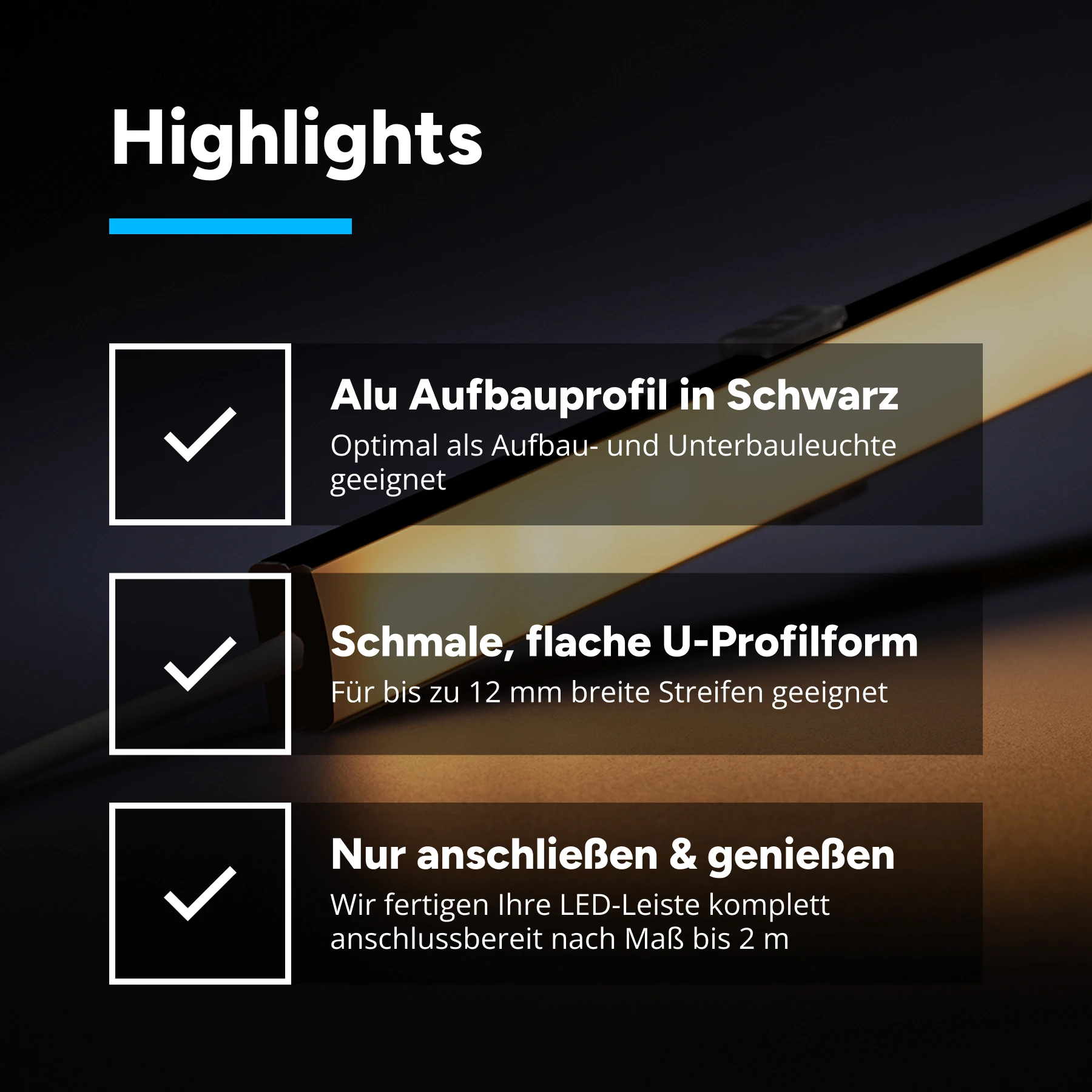 12V Black Line Slim Aluminium LED Leiste - High Power - warmweiß - diffuse Abdeckung - 33cm - 36 High Power LEDs - 5,7 Watt - 854 Lumen - kein Anschlußkabel zum Netzteil - mit Ausgangskabel ( zum Anschluss einer weiteren LED- Leiste )