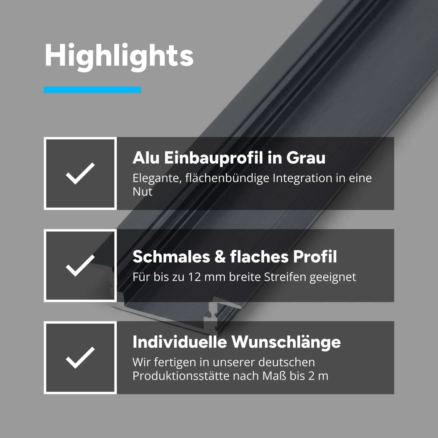 graues Aluminium LED Einbau Profil in Wunschlänge, slim, 2,48 x 0,7cm 161 cm_mit schwarzer Abdeckung_2er Set - einseitig mit Loch