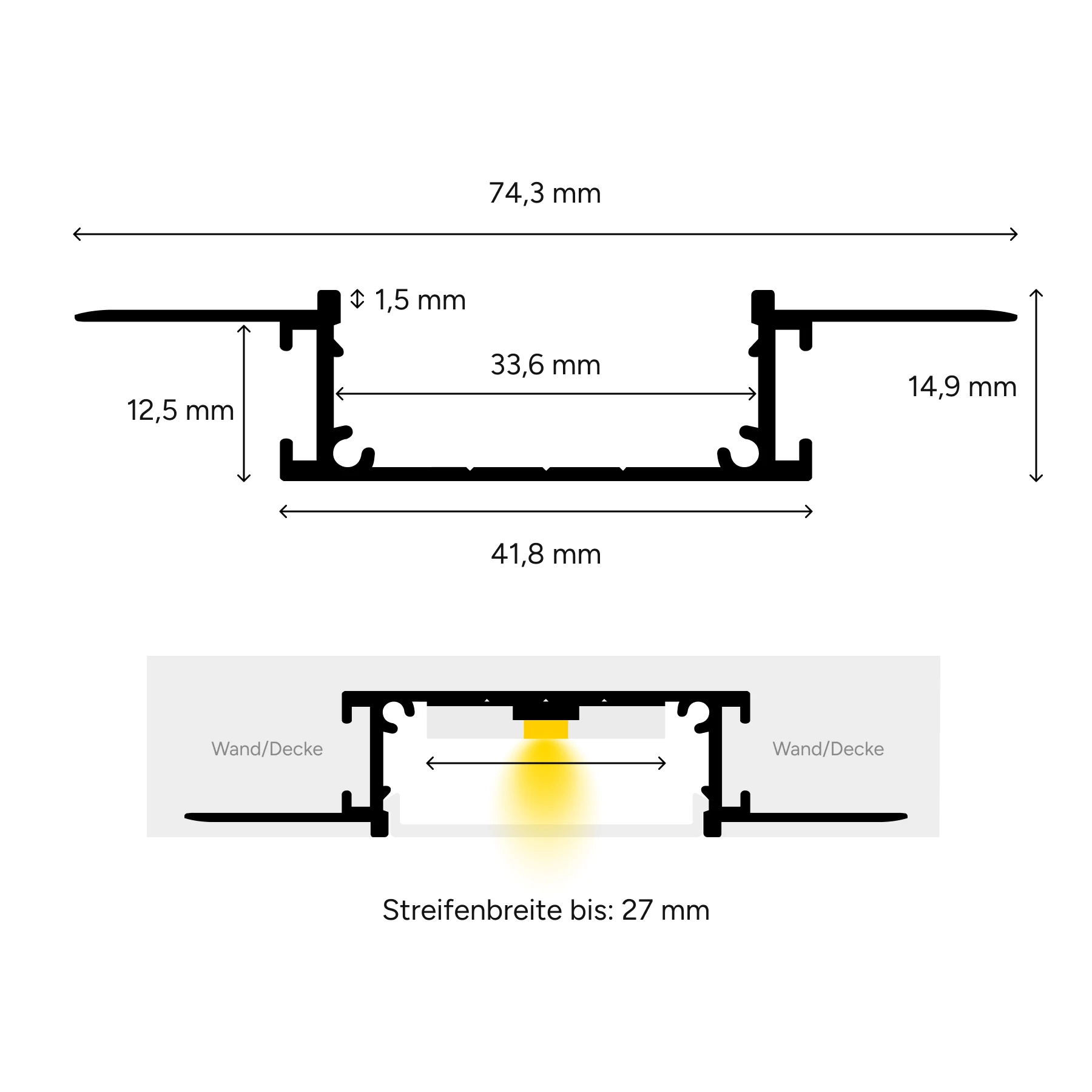 Aluminium LED Unterputz Profil, Trockenbau Plus, 3,88 x 1,49 x 15cm - ohne Abdeckung - ohne Endkappen