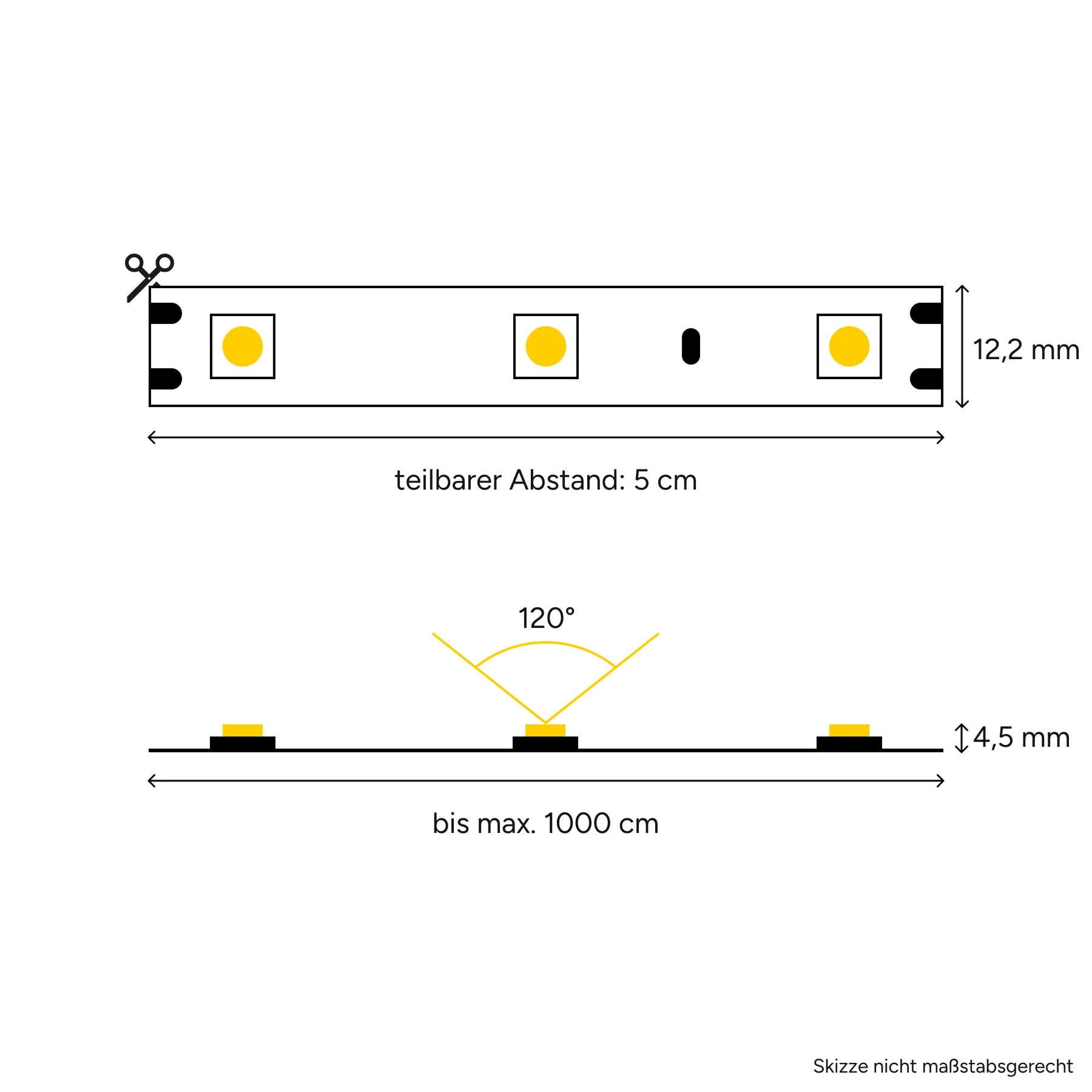 12V wasserfester LED Streifen - Weiß - IP67 - 60 LEDs je Meter - alle 5cm teilbar - 765cm - 459 LED Chips - 110,2 Watt - 7344 Lumen - 15cm Eingangskabel mit offenen Enden