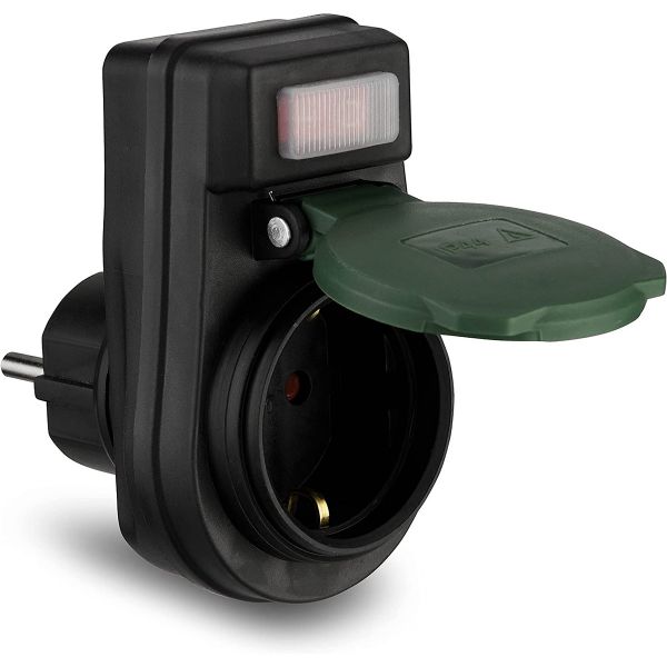 Steckdosenadapter, Outdoor, beleuchteter Schalter, IP44, schwarz