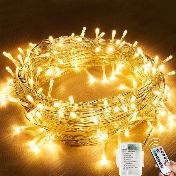 batteriebetriebene LED Lichterkette, 120 LEDs, 12m, 2700K, IP65 innen+außen, Fernbedienung