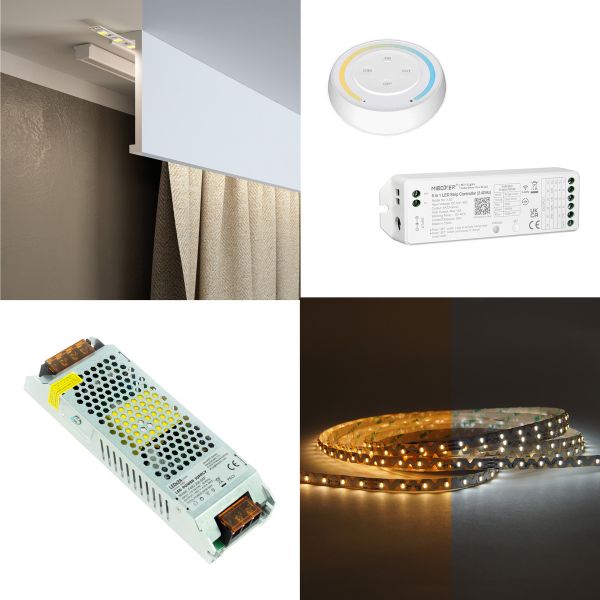 Stuckleisten Set, Blende Gardinenschiene, Stuckprofil mit 48V LED Streifen,Fernbedienung und Netztei
