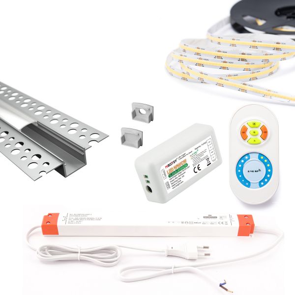 5m Komplett-Set Aluminium Unterputz Profil mit 24V COB LED Streifen, Drywall Slim