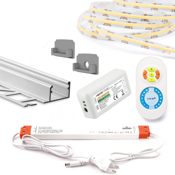 3m Komplett-Set Aluminium Fliesenabschluss Profil mit 24V COB LED Streifen